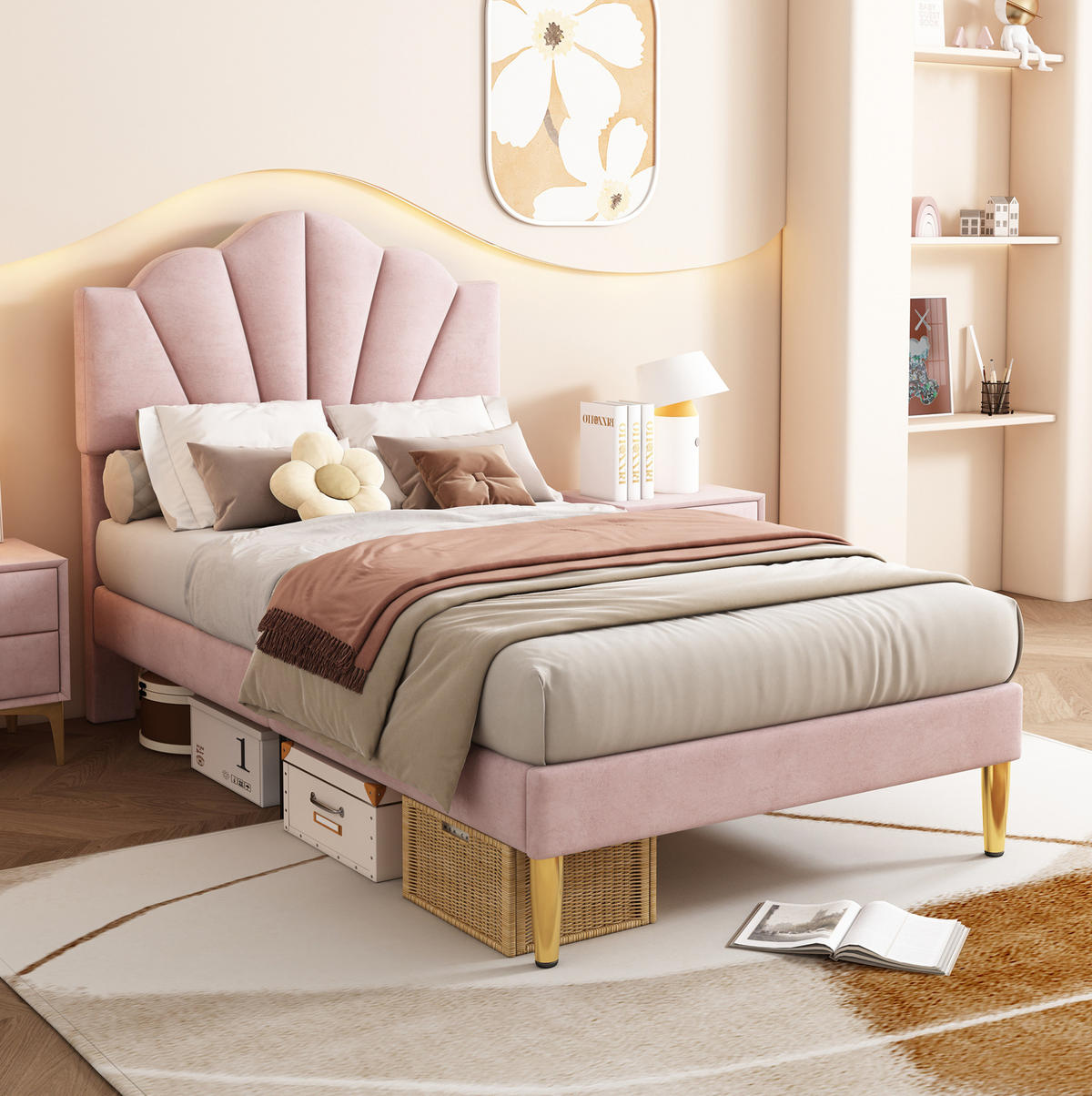 KINDERBETT Polsterbett 90/200 cm aus Samt mit höhenverstellbarem Muschel-Kopfteil Rosa - Rosa, Textil (90/200cm) - Modenvie