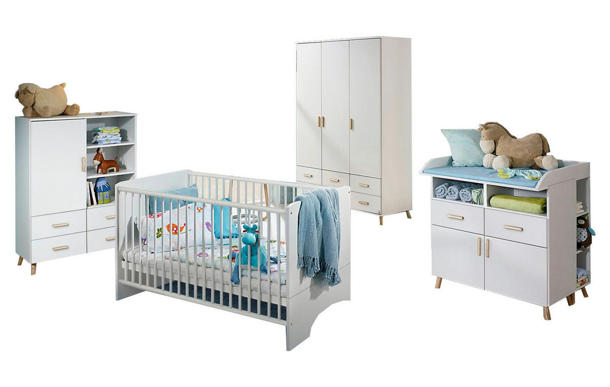 BABYZIMMER Mieke in Weiß mit Esche Coimbra massiv 8 teilig - Weiß, Holzwerkstoff (120/200/80cm)