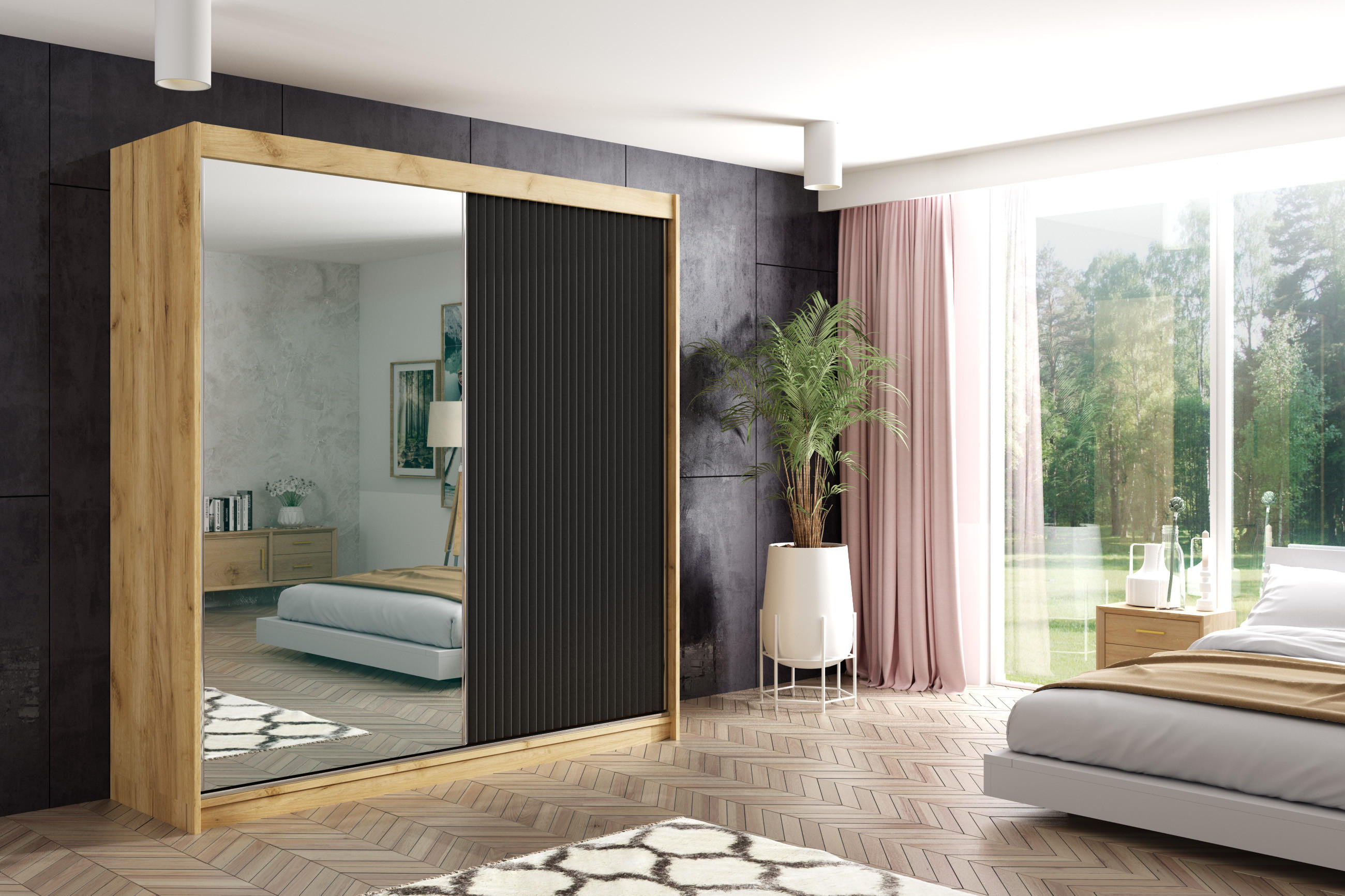 KLEIDERSCHRANK RYFLO - 200 - Eichefarben|Schwarz - Eichefarben/Schwarz, Holzwerkstoff (200/215/61cm) - ALTDECOR