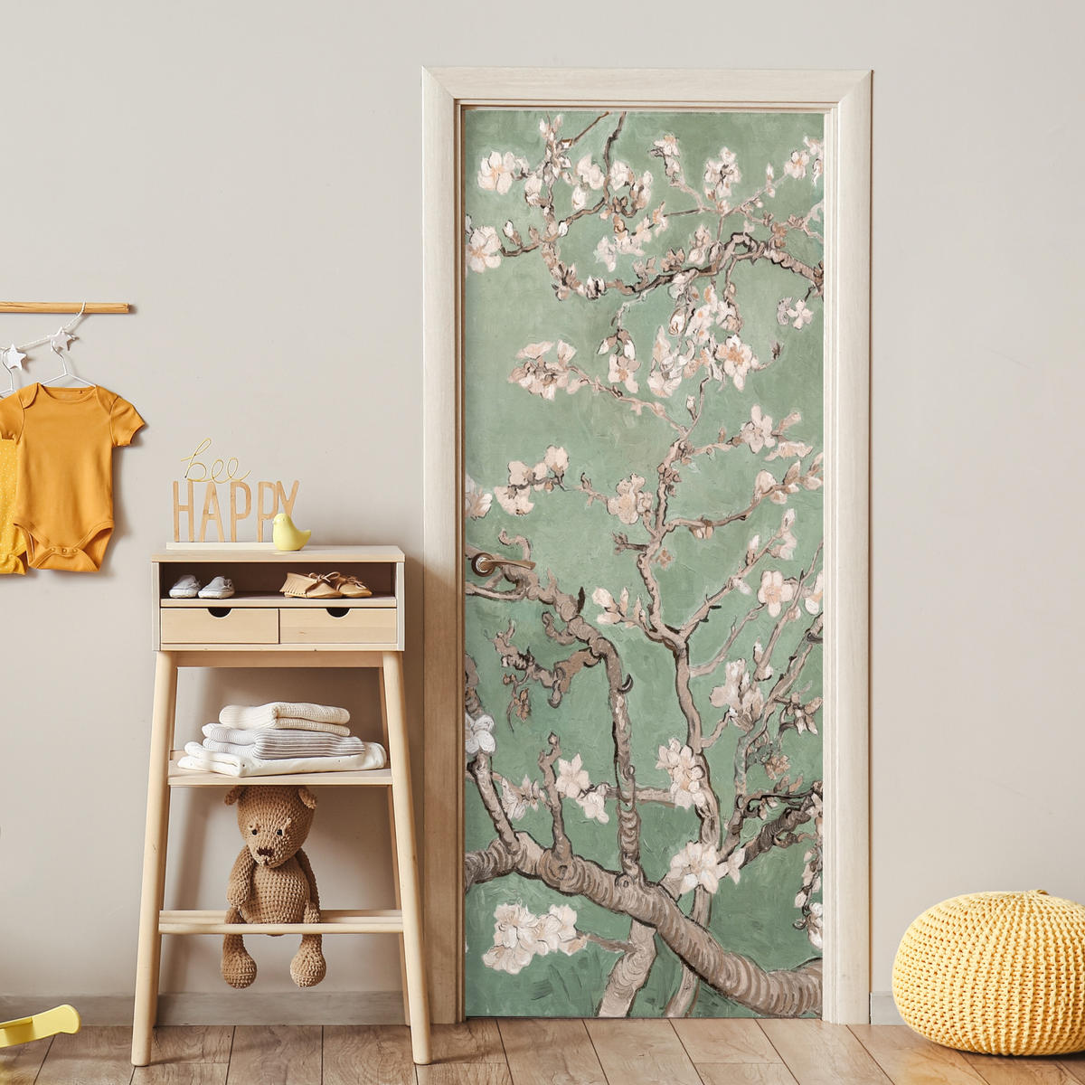 TÜRAUFKLEBER Mandelblüte - Kunst - Van Gogh - Grün 90x215 cm - Türtapete - Salbeigrün, Kunststoff (90/0.1cm) - MuchoWow