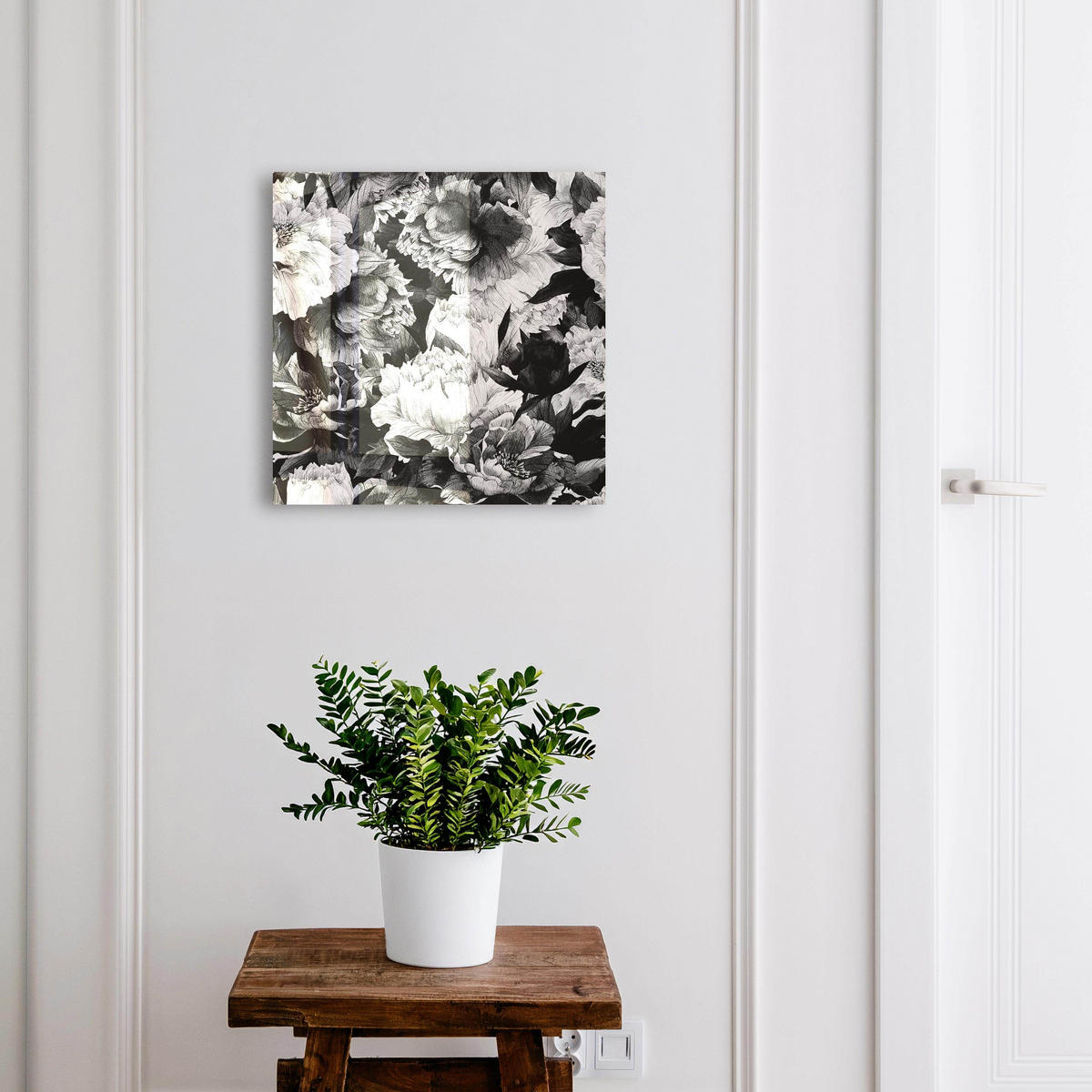 SCHLÜSSELBOX Schwarz 30x30 cm- Türöffnung nach rechts - Schwarz-weiße Blüten - Grau, Metall (30/30/5cm) - TULUP