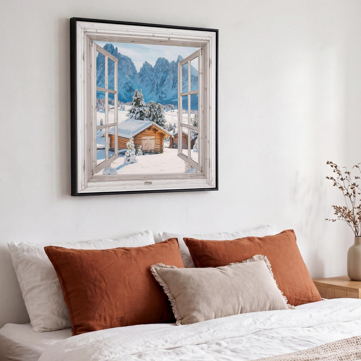 LEINWAND Bilder mit Rahmen - Winterlandschaft - Hütte - Berge - Ausblicke - Aussicht - Natur - 50x50 - Weiß Hochglanz, Textil (50/50cm) - MuchoWow