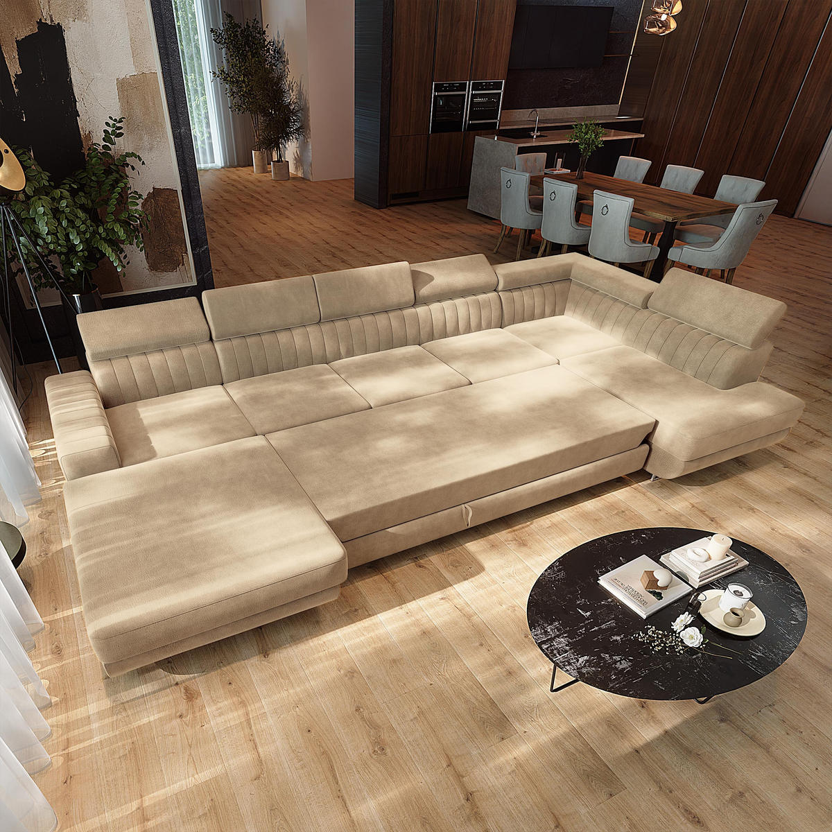WOHNLANDSCHAFT GAIAN Creme Velours-Stoff mit Schlaffunktion - Creme, Holz (412/88/190cm) - MASSENO