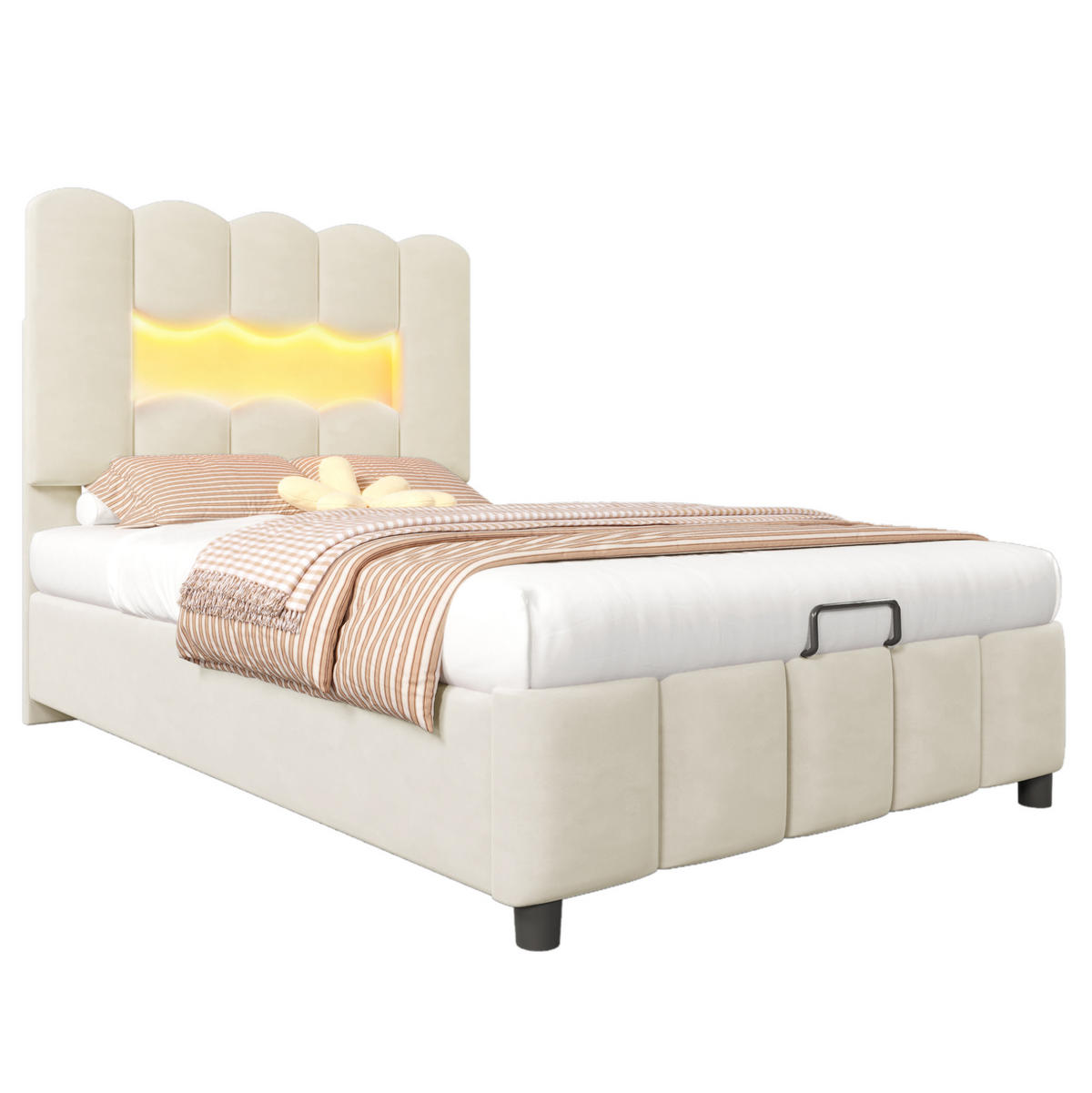 POLSTERBETT 90/200 cm in Beige mit Stauraum und LED-Beleuchtung - Beige, Textil (90/200cm) - Flora Grace