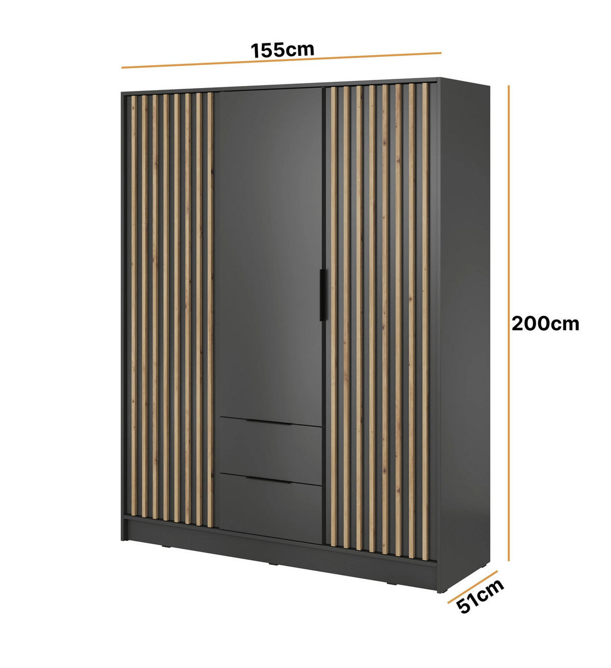 KLEIDERSCHRANK Stilo in Graphit, dreitürig, mit Spiegel und Lamellen an der Vorderseite - Schwarz/Graphitfarben, Leder/Holzwerkstoff (155/200/51cm) - Ravio