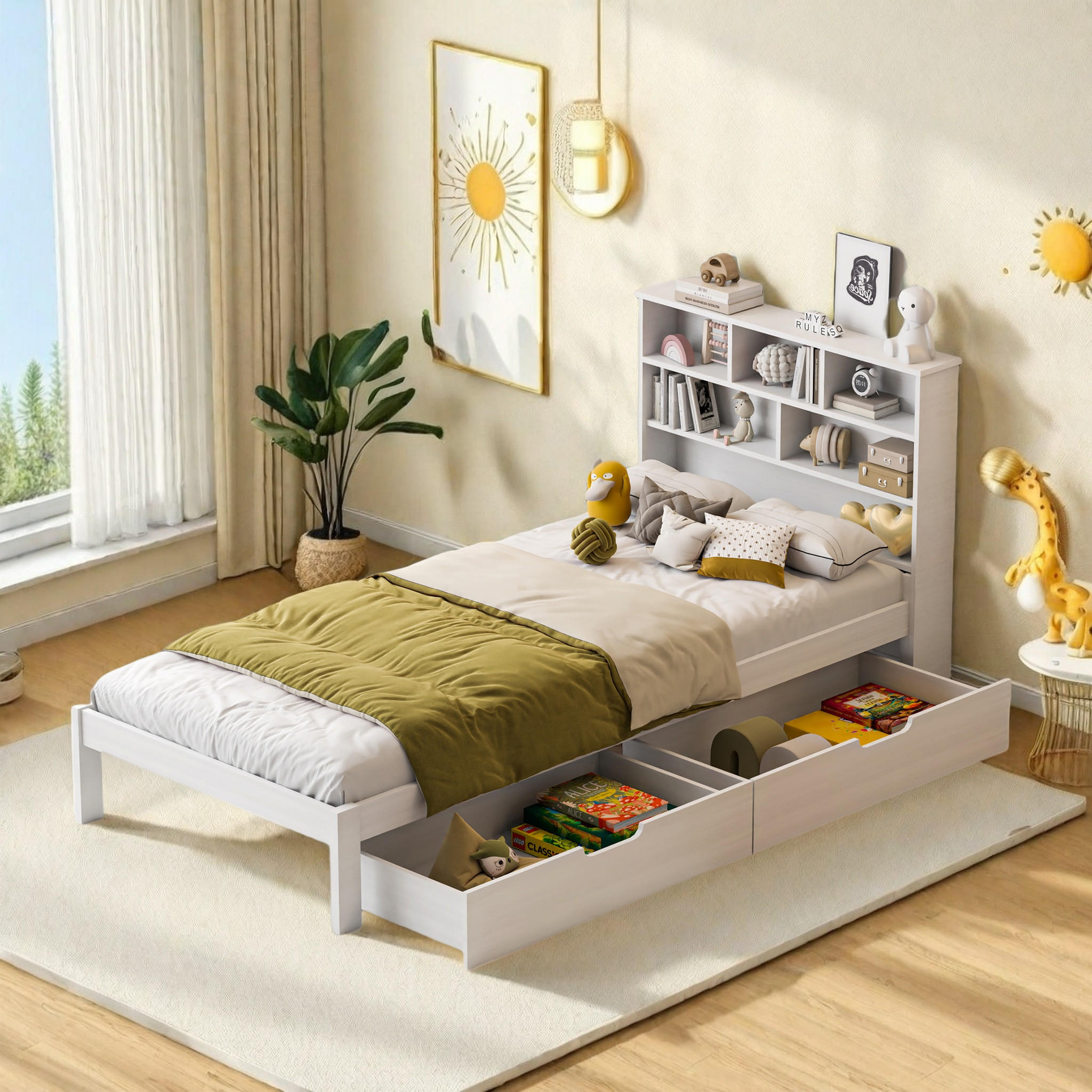 KINDERBETT 90x200 cm, mit 2 Schubladen, Tafel & Lattenrost, Weiß - Weiß, Holz