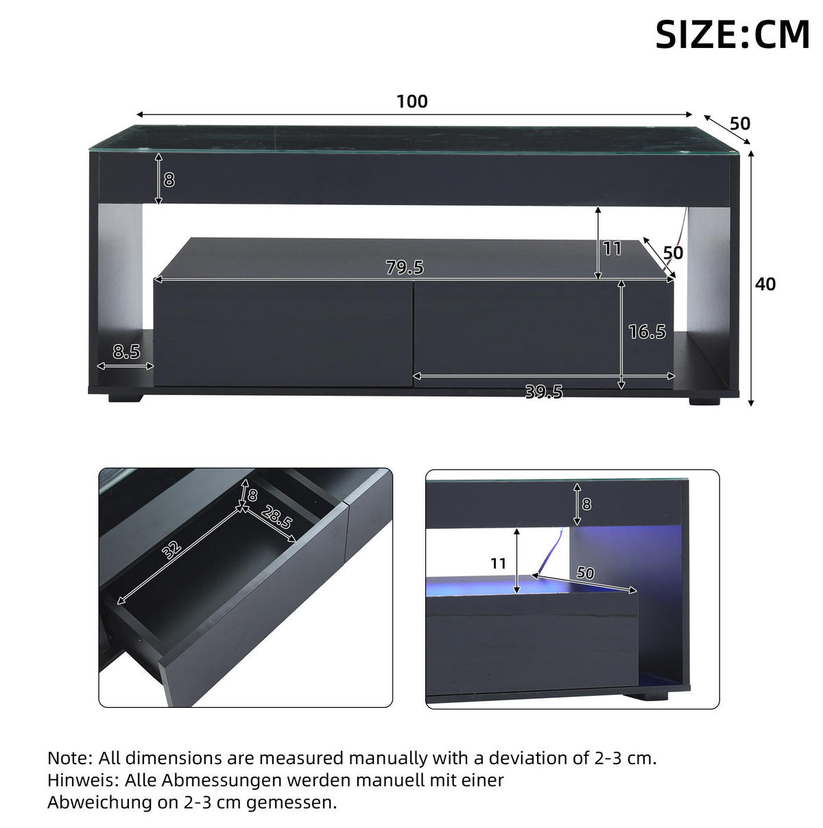 COUCHTISCH 100/50 cm mit LED-Beleuchtung und 2 Schubladen, Schwarz - Schwarz, Holzwerkstoff (100/50/40cm) - BEAOK