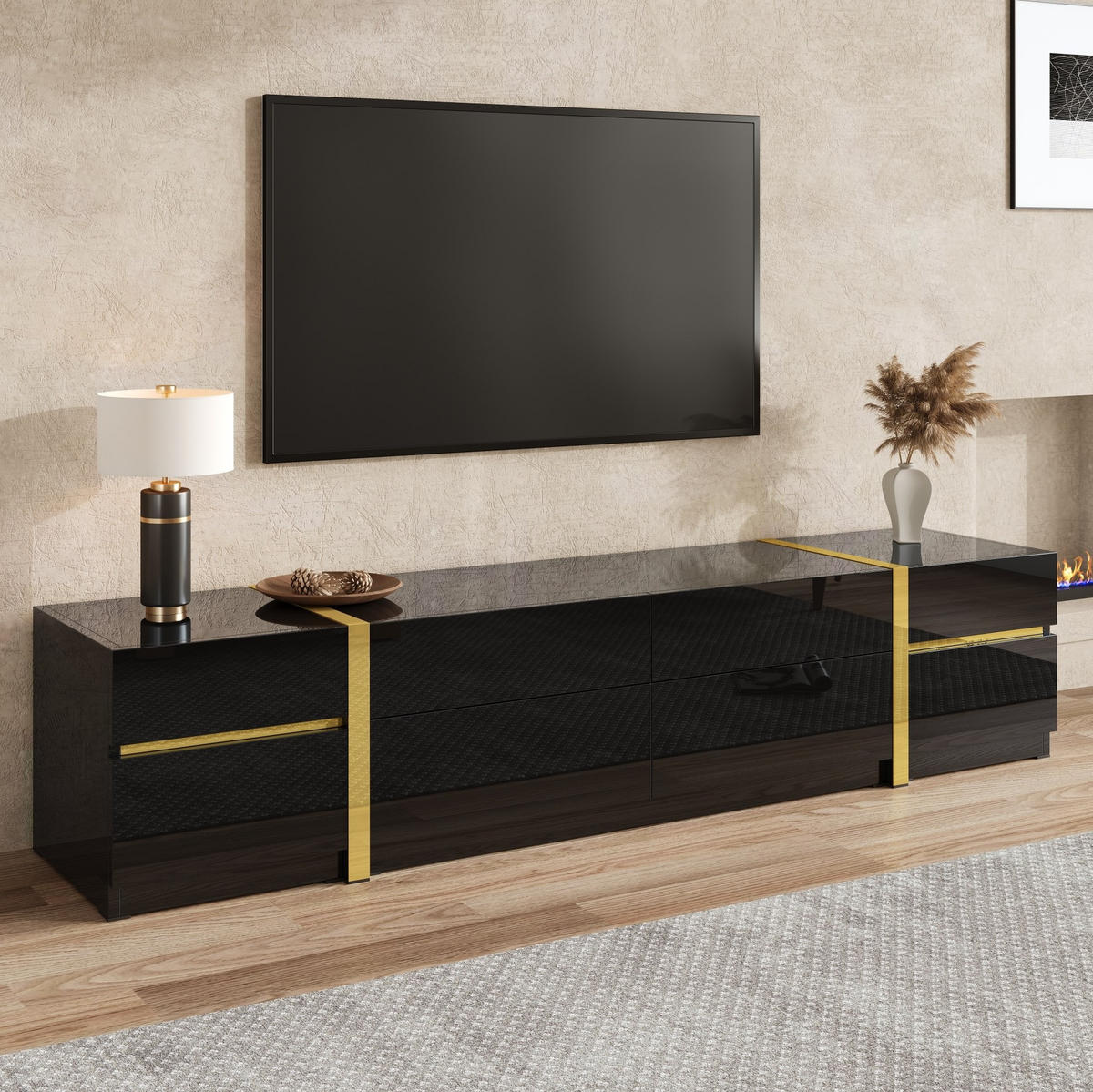 TV-SCHRANK mit 4 Schubladen und 2 Türen 180 x 40 cm Schwarz Hochglanz - Schwarz, Holzwerkstoff (40/38/180cm) - Beauniv