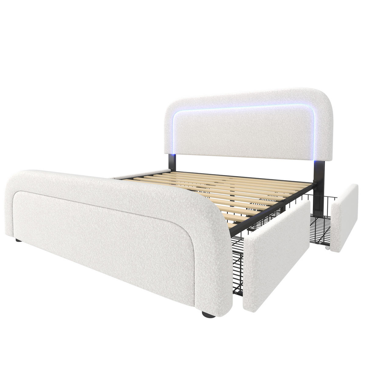POLSTERBETT 160/200 cm aus Sherpa mit USB-C, LED und 4 Schubladen Weiß - Weiß, Fell (160/200cm) - Modenvie