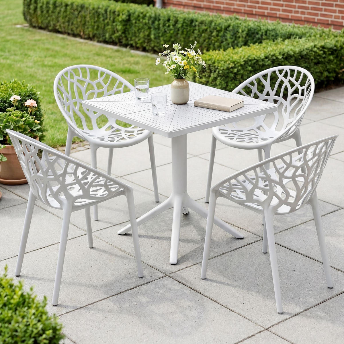 GARTENMÖBEL-SET Sofia 4 Stühle 180x180x80cm Kunststoff Weiß Balkonset - Weiß, Kunststoff - DELUKE