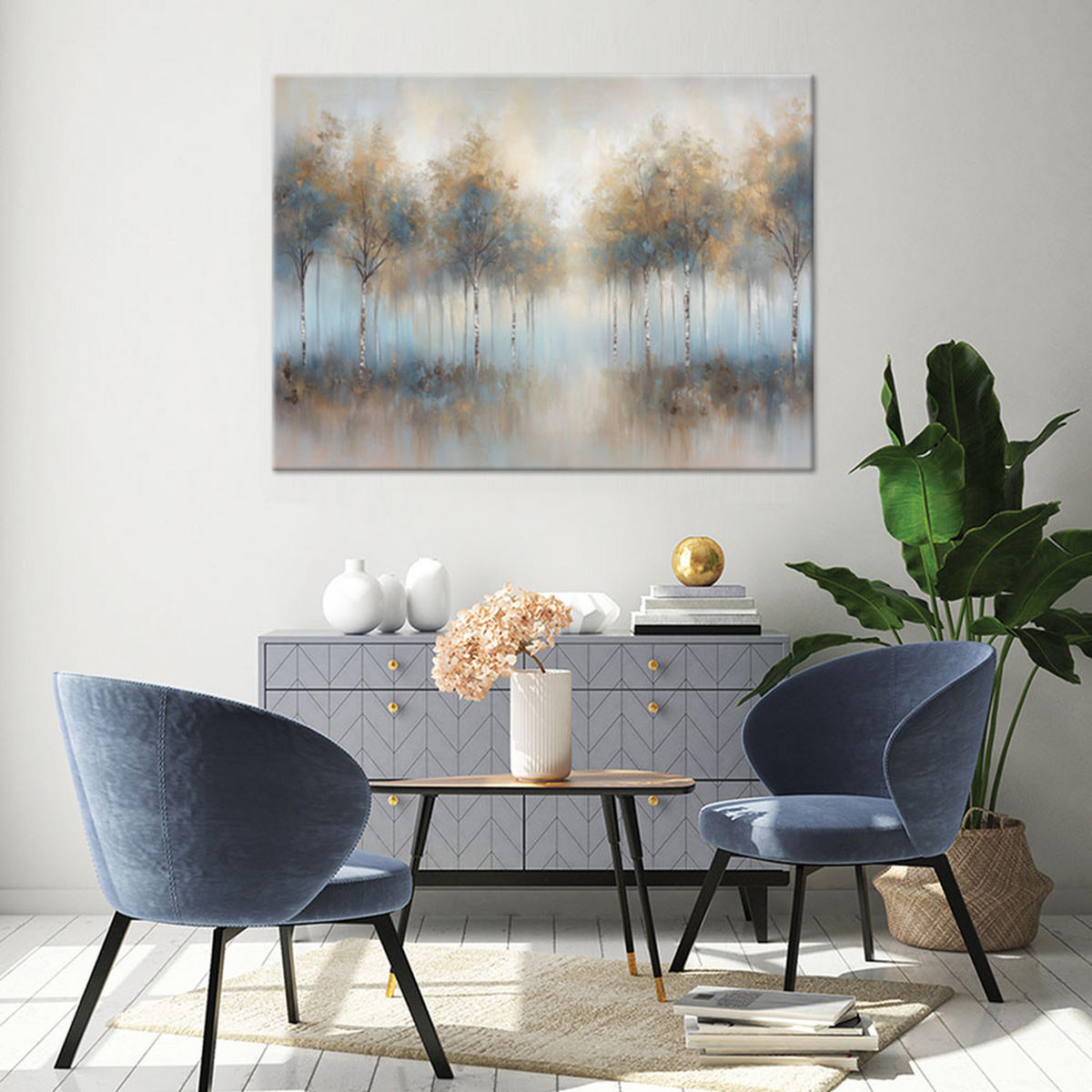 WANDBILD bäume wald in nebel landschaft - Beige, Textil (60/40cm) - Feeby