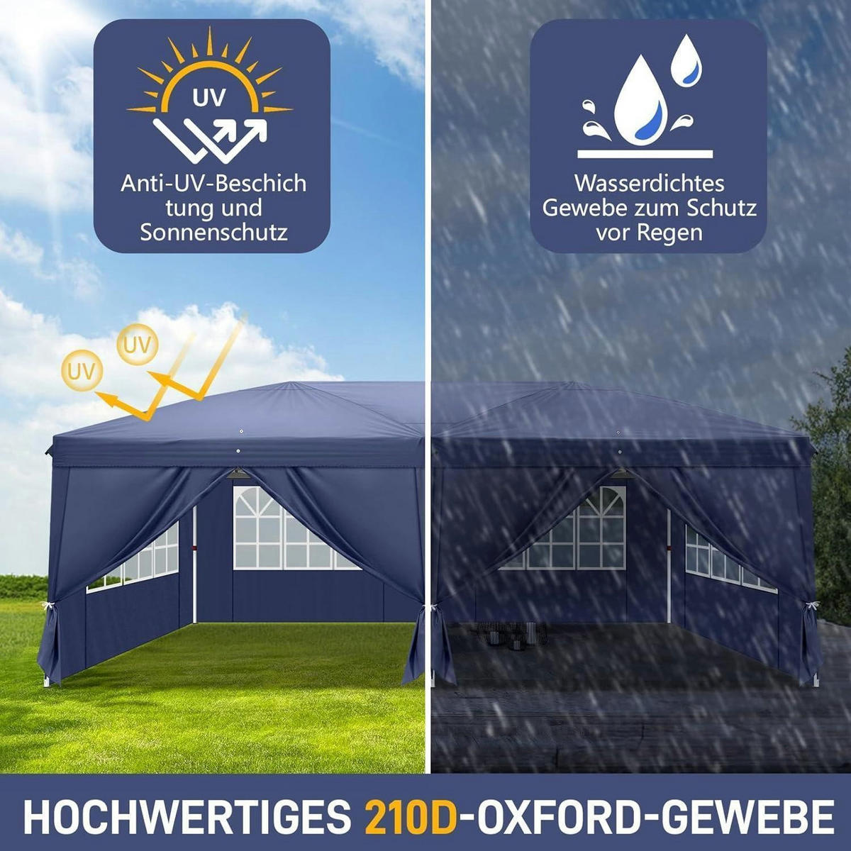 FALTPAVILLON 3 x 6 m Blau Wasserdicht UV-Schutz 50+ 420D Oxford mit 6 Seitenteilen - Blau, Textil (300/259/600cm)