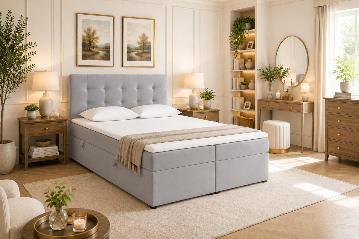 BOXBETT VELLIS mit Topper und Bettkasten, Silberfarben, 120x200 cm - Silberfarben, Textil (120/200cm) - KS Home Concept