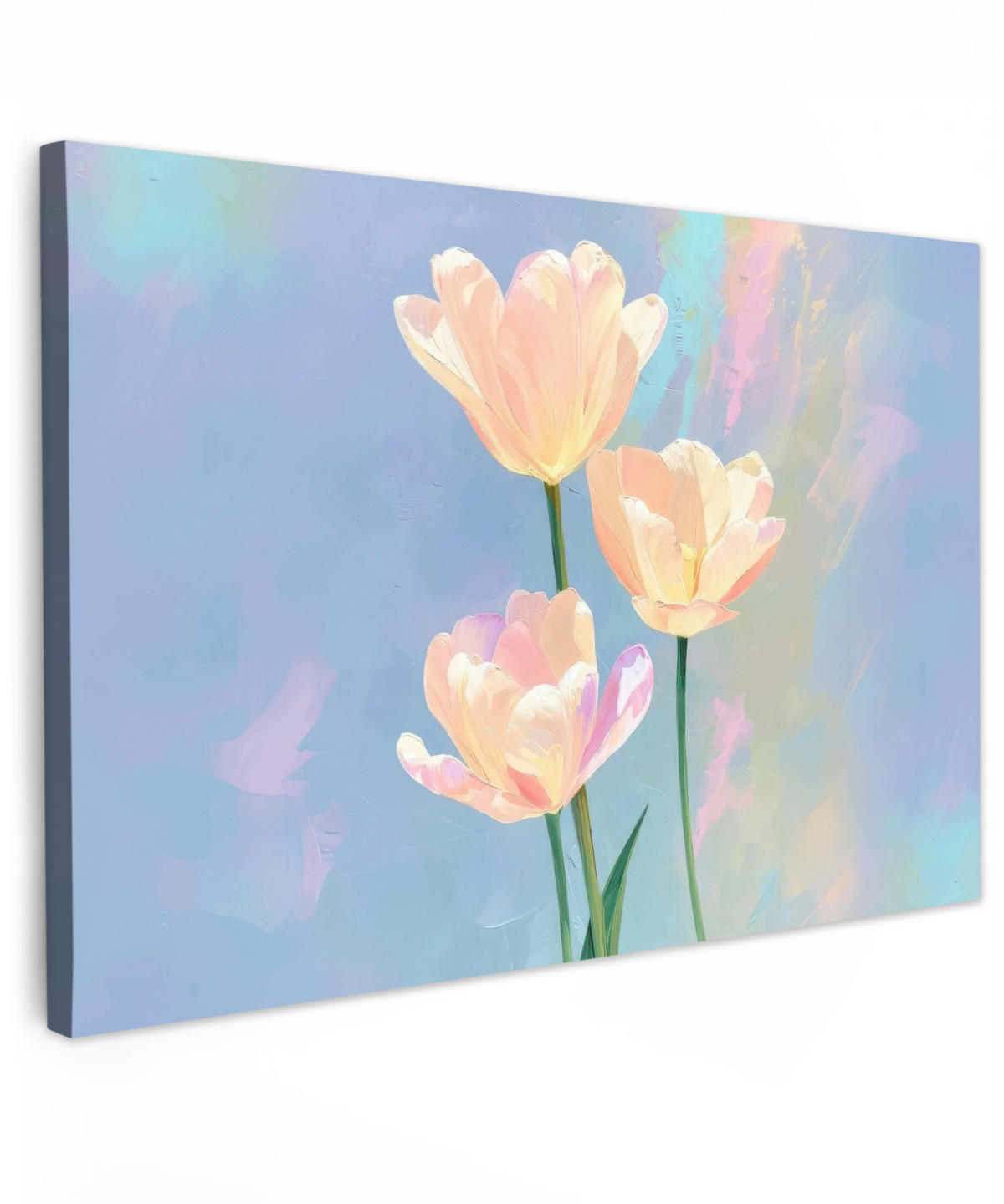 LEINWANDBILD Tulpen - Rosa Akzente - Blau Groß 140x90 cm - Pastellblau, Textil (140/90cm) - MuchoWow