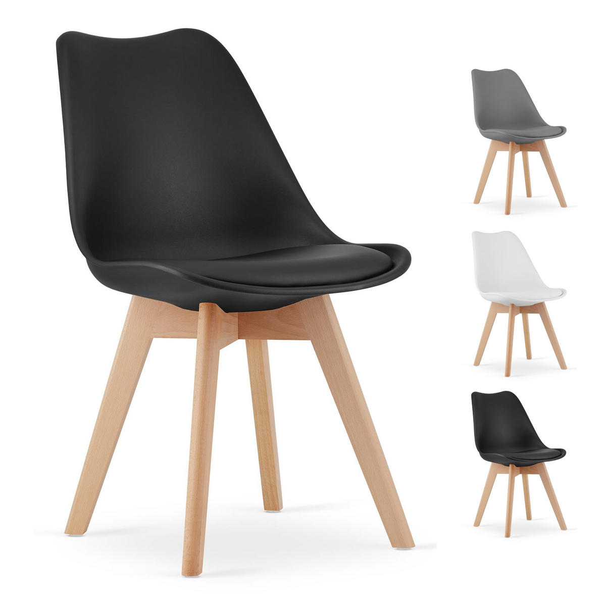 STUHL DOZZA 4-er Set, Schwarz Kissen aus Kunstleder - Schwarz, Holz/Kunststoff (49/82/43cm) - Komodee