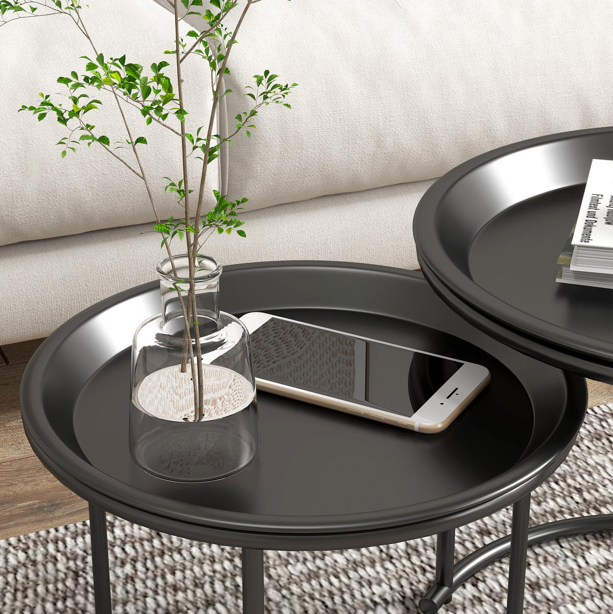 BEISTELLTISCH-SET Ø43/35 cm mit abnehmbaren Tabletts, stapelbar, Stahl, Schwarz - Schwarz, Metall (43/43/38cm) - Modfu