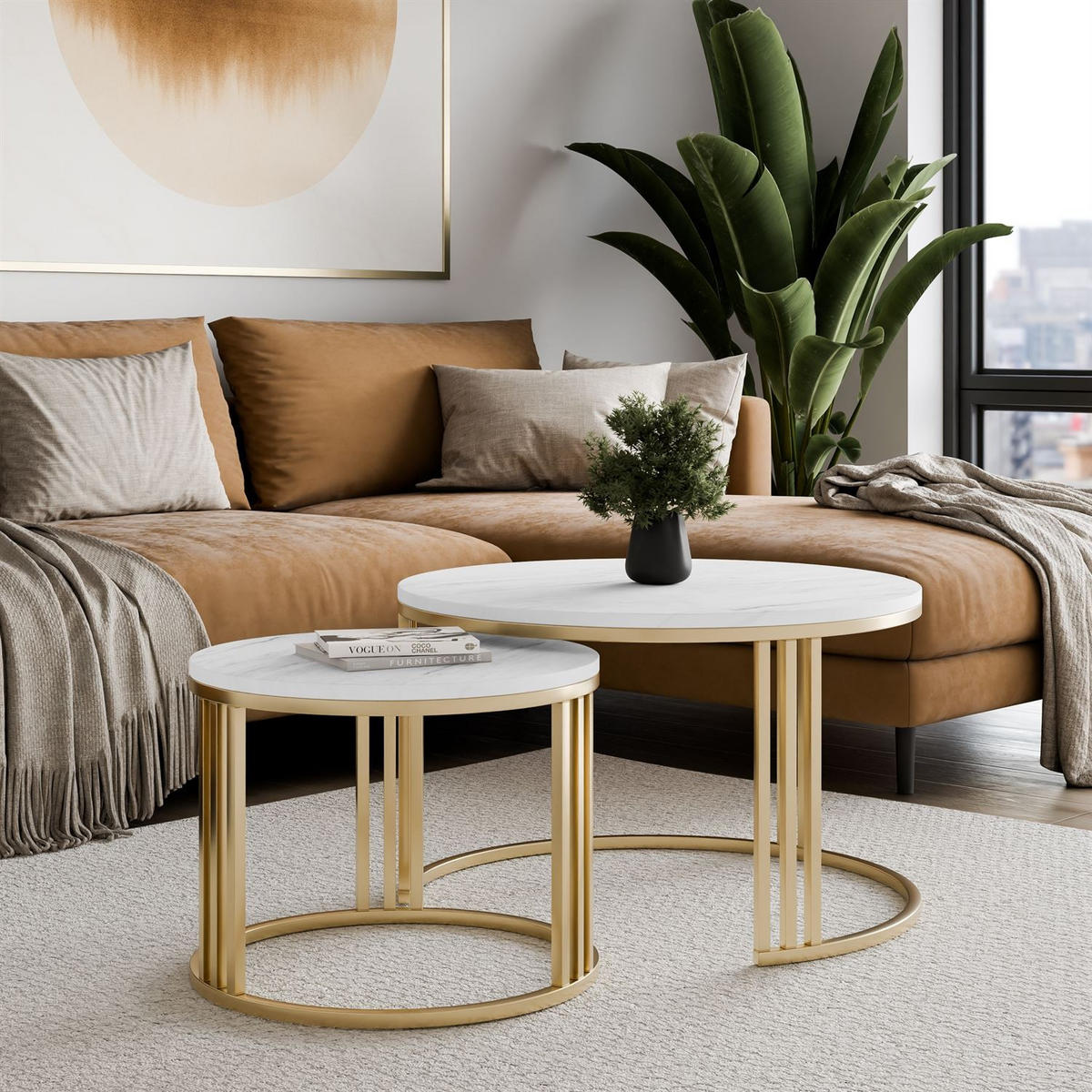 COUCHTISCH 2in1 LORI MAT gebürstetes Gold, Gebürstetes Gold / Marmor Levanto - Weiß, Metall (70/70/49cm) - Lookway