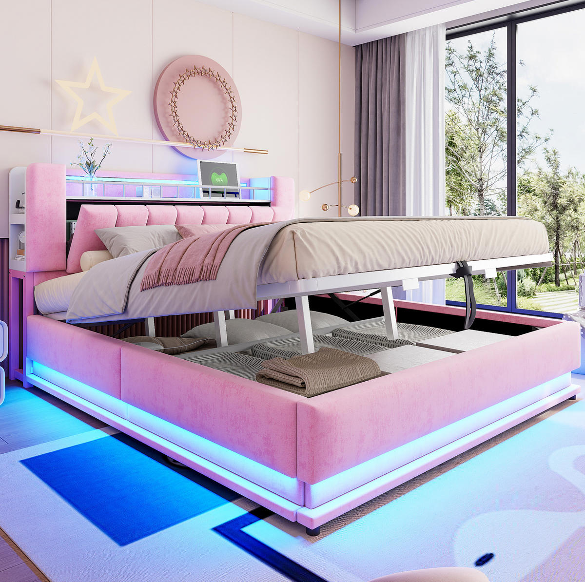 POLSTERBETT 180/200 cm aus Samt mit LED-Beleuchtung, Rosa - Pink, Textil (180/200cm) - OKMYHOME