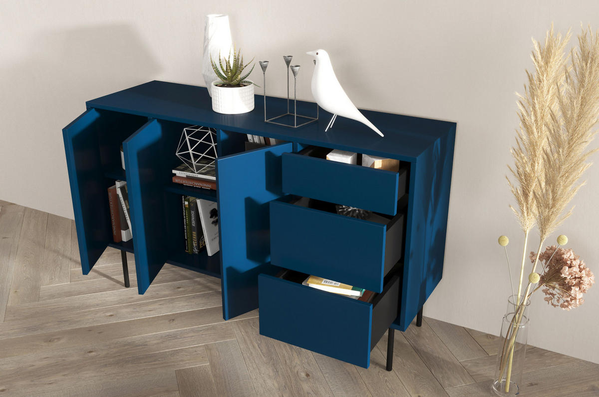 SIDEBOARD Mirka, Marinblau, Push to Open System, Minimalistisch - Schwarz/Dunkelblau, Holzwerkstoff/Metall (130/80/40cm) - Dancan