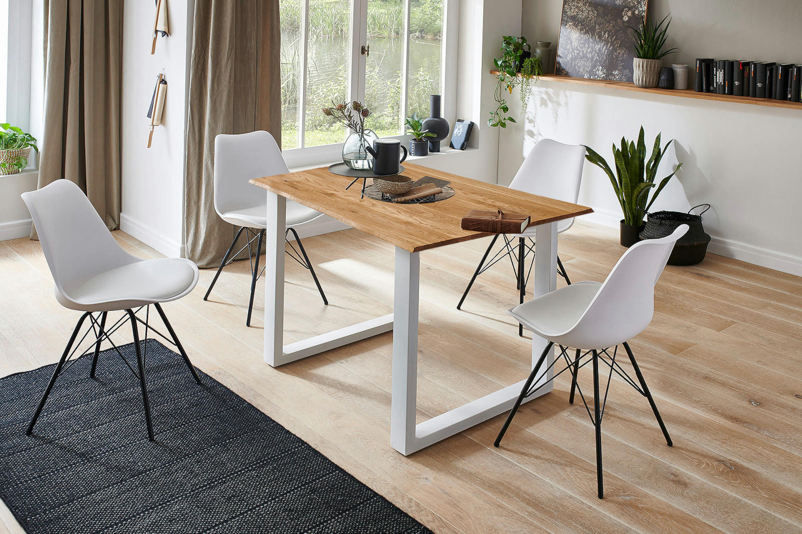 ESSTISCH Baumkante massiv Wildeiche weiß SESSA 80 cm - Beige/Weiß, Holz/Metall (80/80/77cm) - SAM