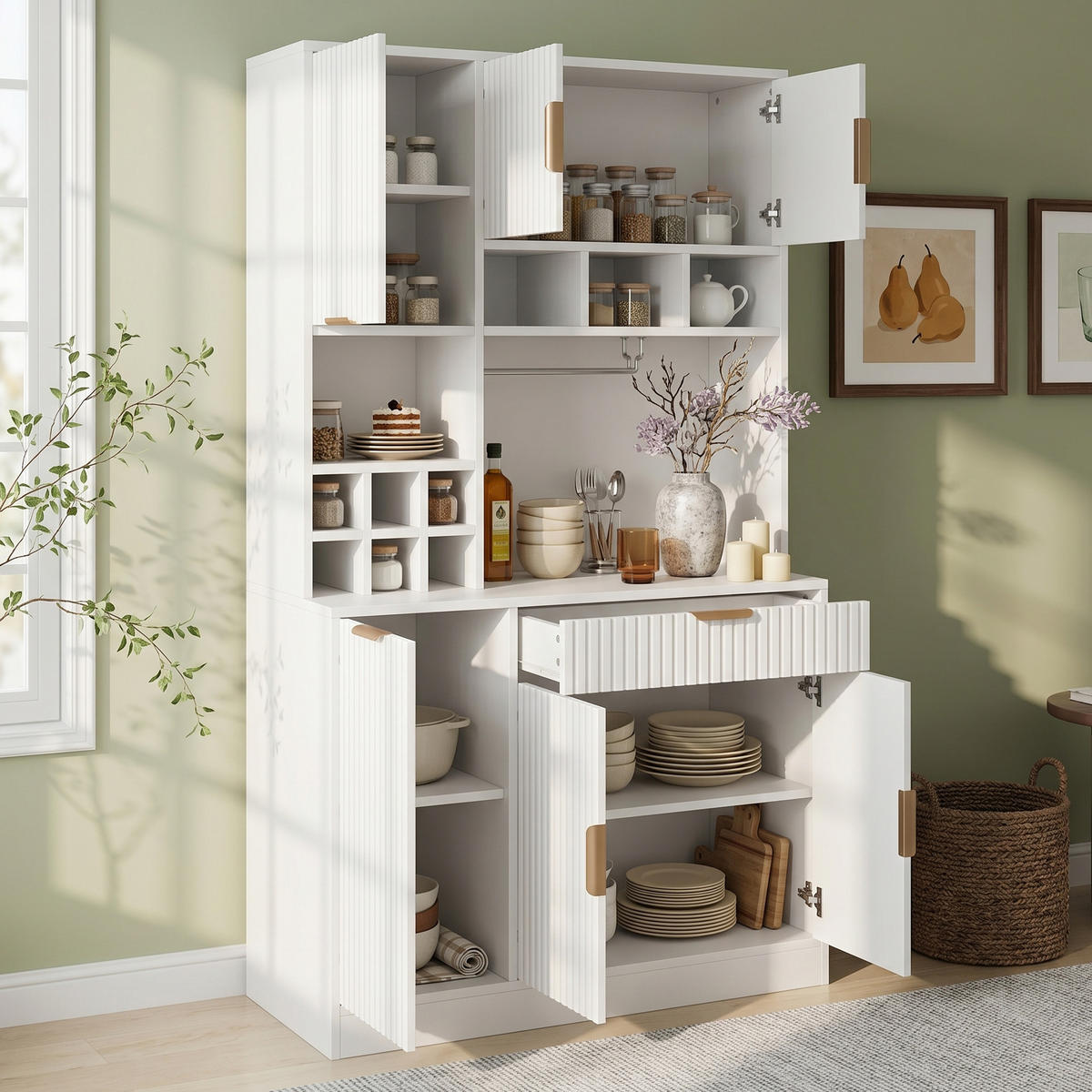BUFFETSCHRANK Hochschrank Steckdose USB Weinablage Weiß - Weiß, Holzwerkstoff (100/175/40cm) - FLIEKS