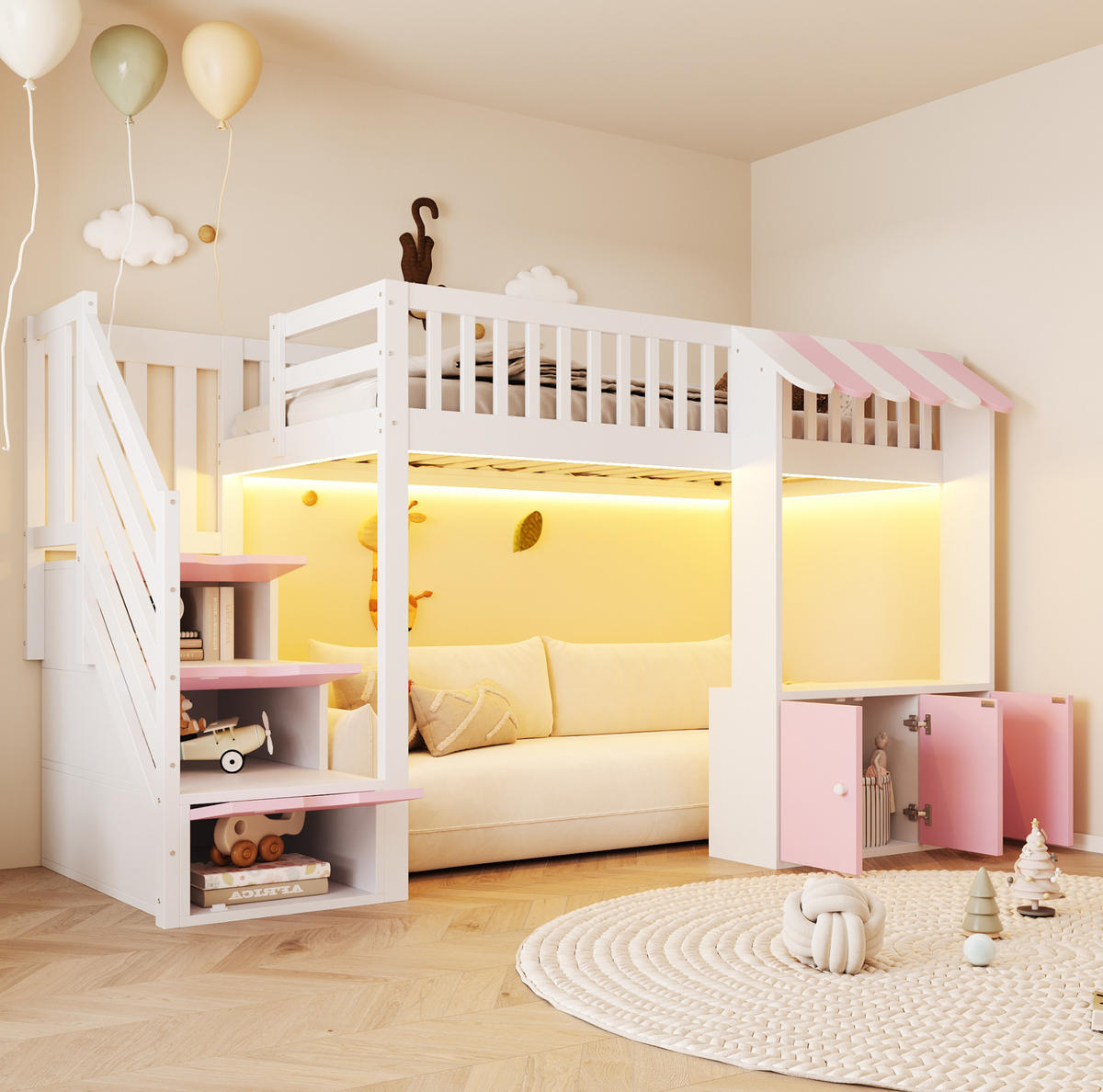 HOCHBETT 90/200 cm Pink/Weiß mit Stauraumtreppe und LED - Rosa, Holz (90/200cm) - MIVRAY