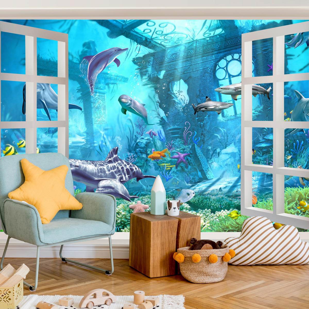 FOTOTAPETE für Schlafzimmer Fenster Unterwasserwelt Delfine Riff 300x210 - Blau/Weiß, Papier (300/210cm) - Muralo