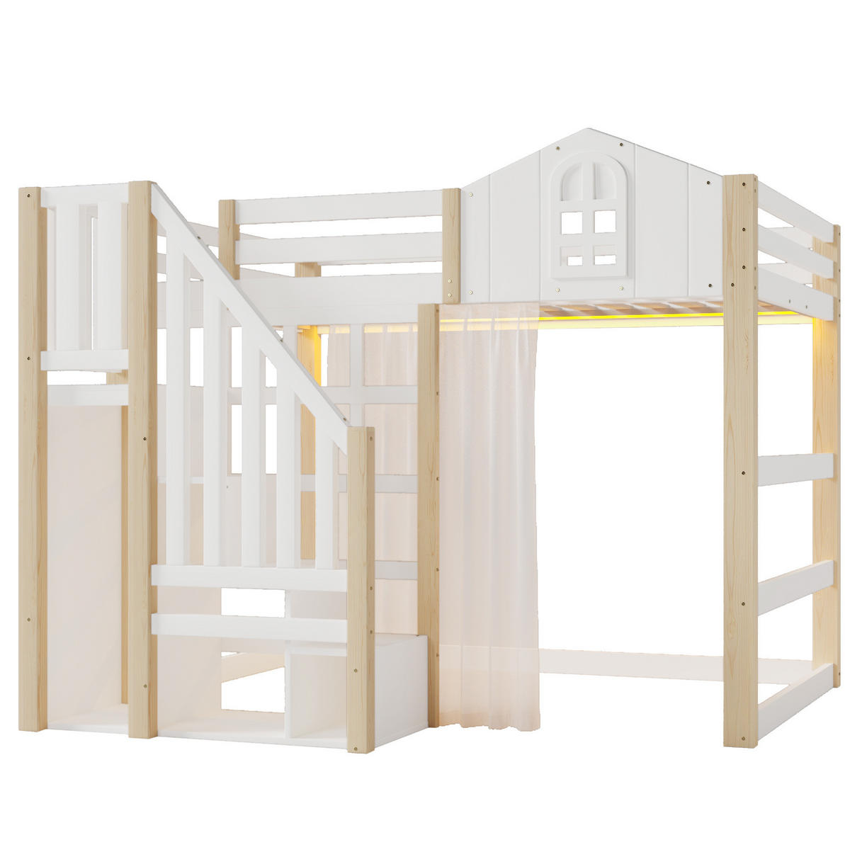 HOCHBETT aus Kiefer und MDF 140x200 cm Weiß/Natur mit LED-Beleuchtung, Ablageleiter, Gaze und Schlossdesign - Weiß, Holzwerkstoff (70/180cm) - Modfu