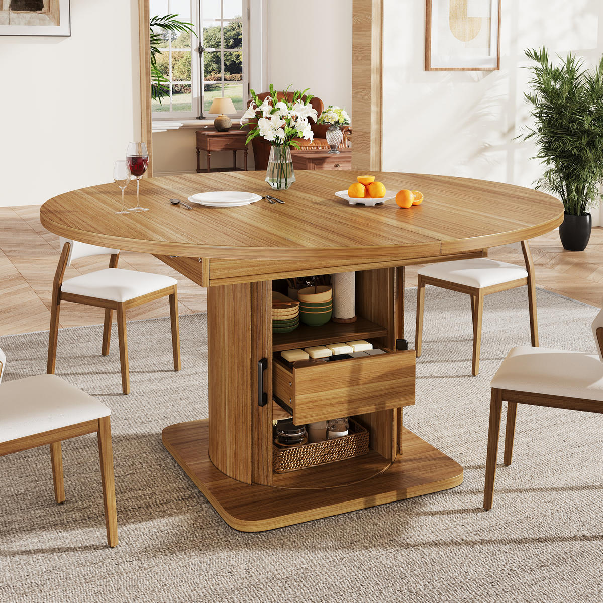 ESSTISCH in Holzoptik Runder Küchentisch mit 118-158 ausziehbarer Tisch und Schubladen, 118-158/118/76cm - Naturfarben, Holzwerkstoff (118/118/76cm) - STILVORA