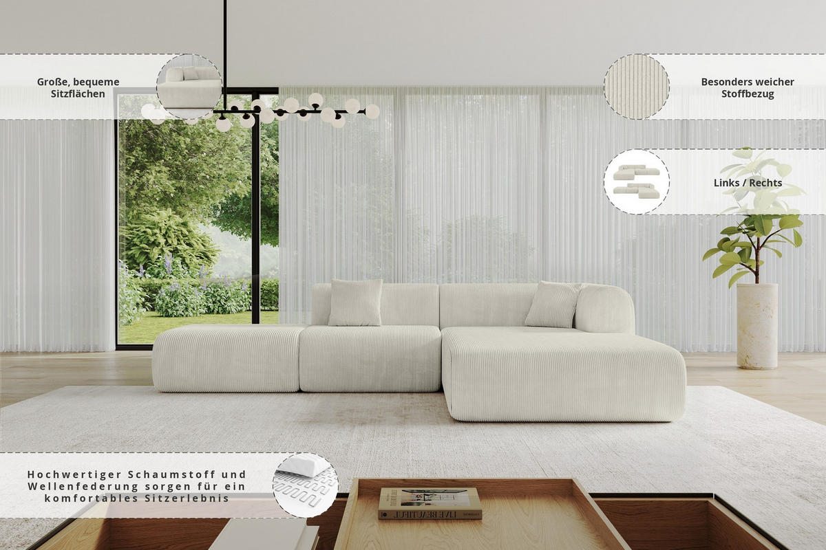 ECKSOFA Ottomane Rechts OVLY-L 289x176x71 Creme Cord - Creme/Schwarz, Holzwerkstoff/Kunststoff (289/176cm) - ALTDECOR