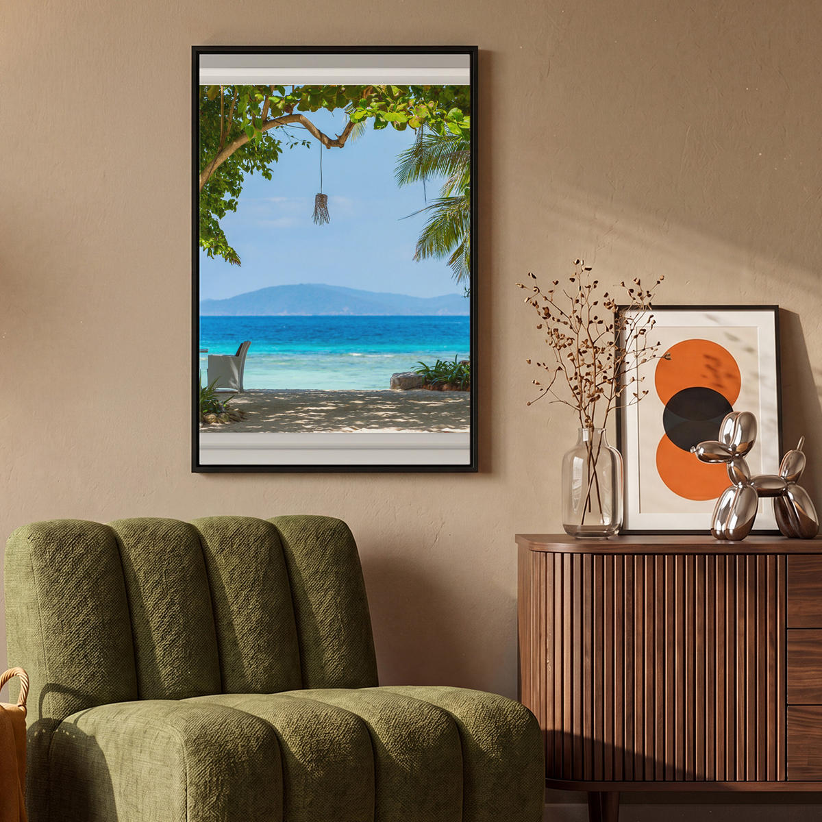 LEINWAND Bilder mit Rahmen - Aussicht - Baum - Meer - Palme - Hügel - Strand - Blau - 60x90 - Blau, Textil (60/90cm) - MuchoWow