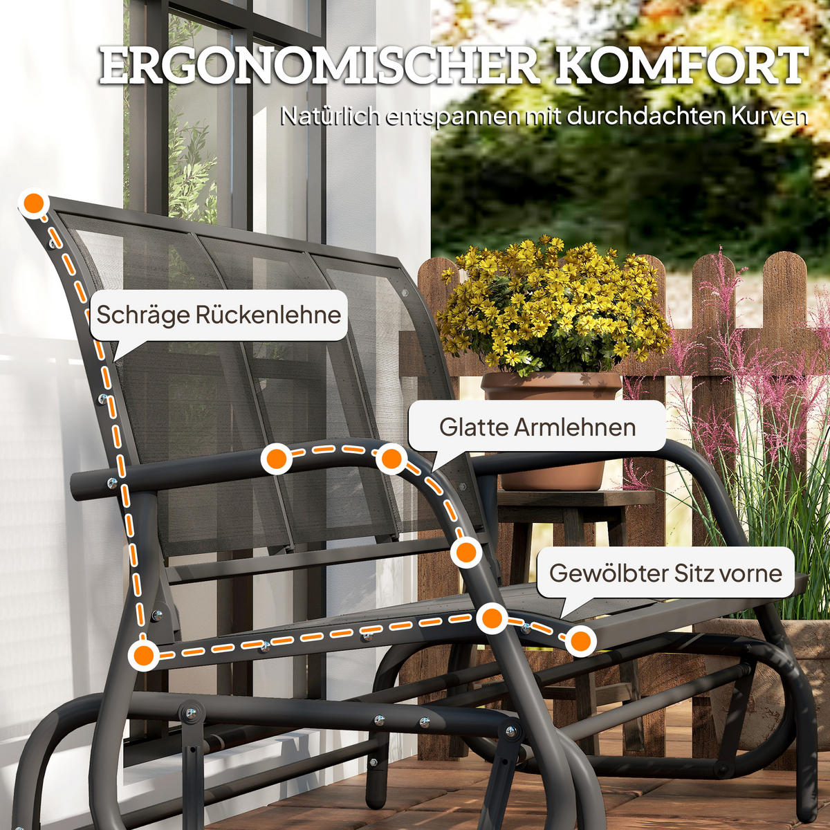 SCHAUKELSTUHL, 3-Sitzer Gartenbank, Metall, Dunkelgrau, 120 x 70 x 85 cm - Schwarz, Metall (70/85/147cm) - Outsunny