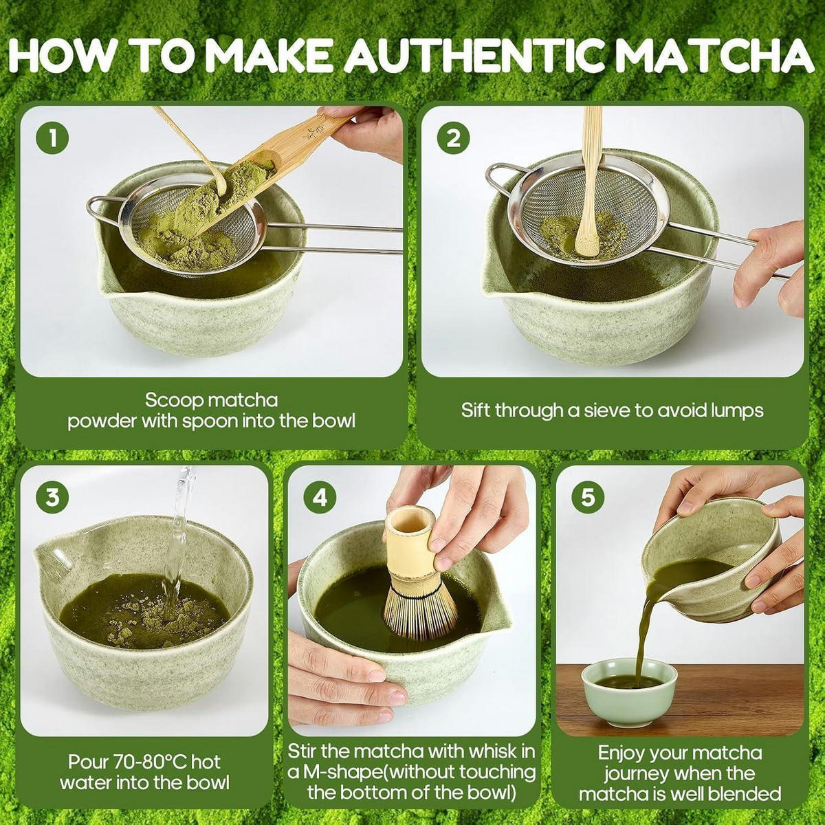 MATCHA Set 6-teilig Grün mit Bambusbesen und Schale - Grün, Naturmaterialien (15/10/15cm)