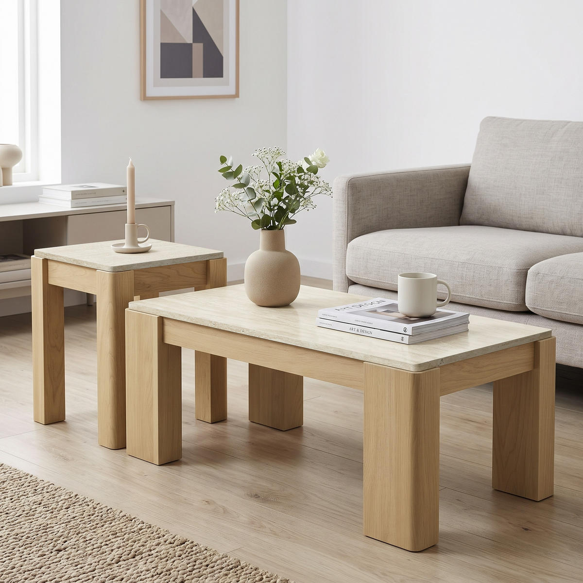 COUCHTISCH Holz mit Marmor Optik & Travertin-Optik, 100 × 54 × 40 cm - Eichefarben, Holzwerkstoff (54/100/40cm) - Hometopia