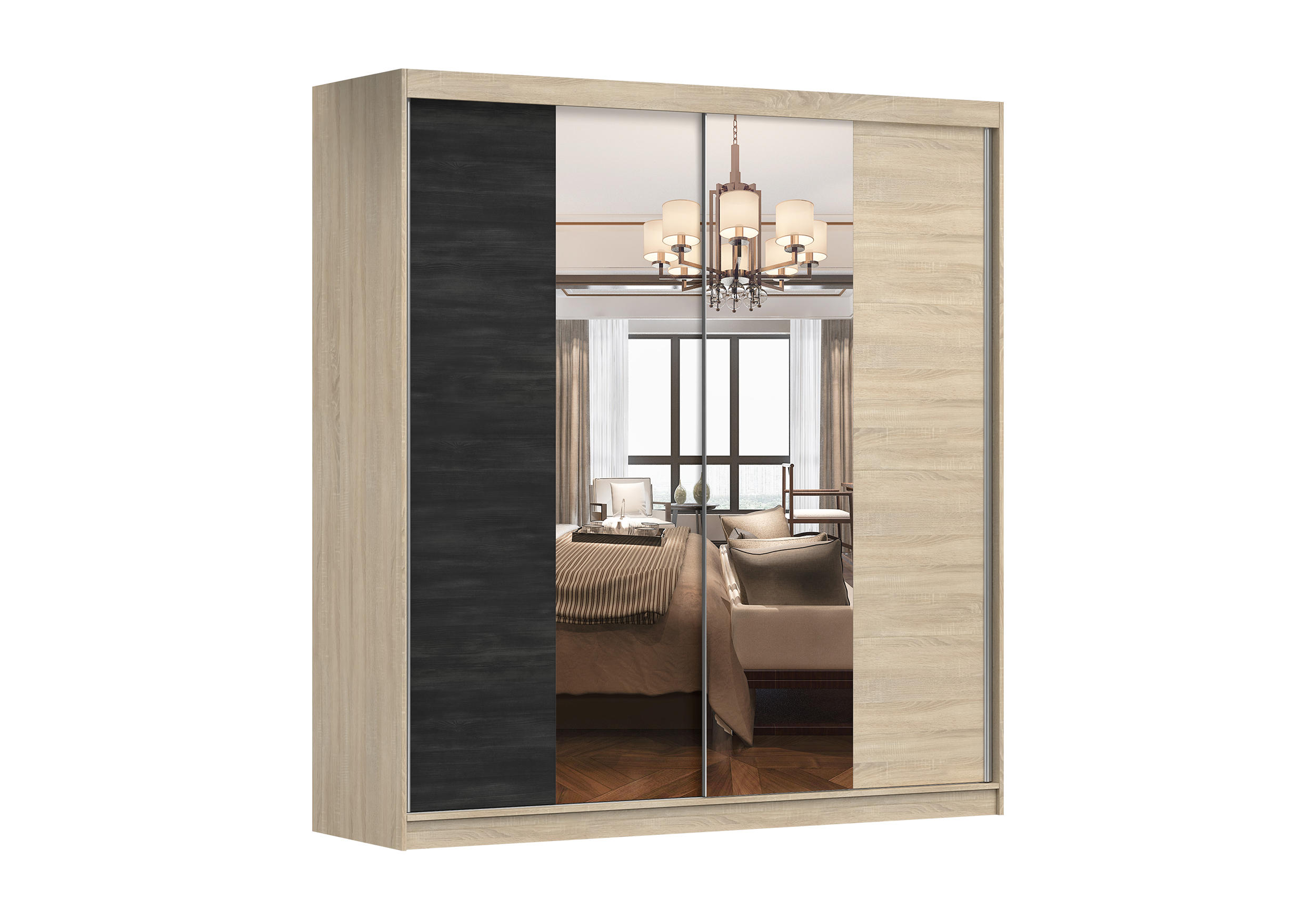 SCHIEBETÜRENSCHRANK - KALLAS Sonoma + Zirbelkiefer - Sonoma Eiche, Holzwerkstoff/Metall (203/218/61cm) - Möblo