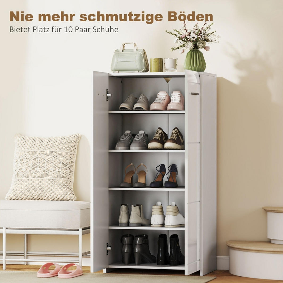 SCHUHSCHRANK 55/36/108 cm Weiß aus Holz mit verstellbaren Regalen - Weiß, Holz (55/108/36cm) - OKWISH