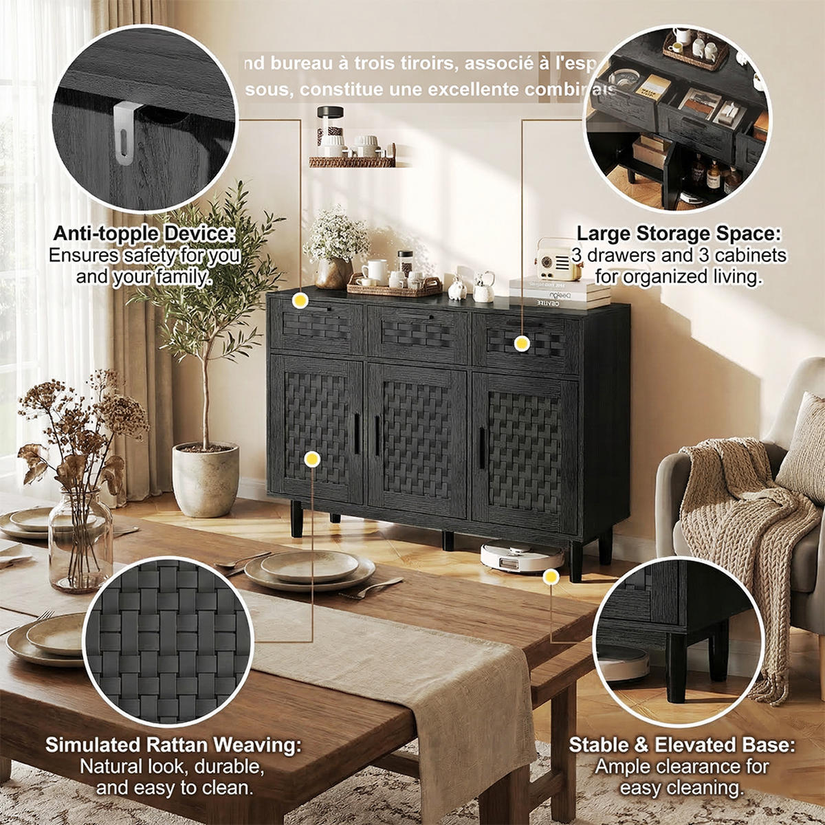 SIDEBOARD Japandi mit 3 Türen & 3 Schubladen 108/40/80 cm Schwarz - Schwarz, Holzwerkstoff (107.9/80/40cm) - Creahappy