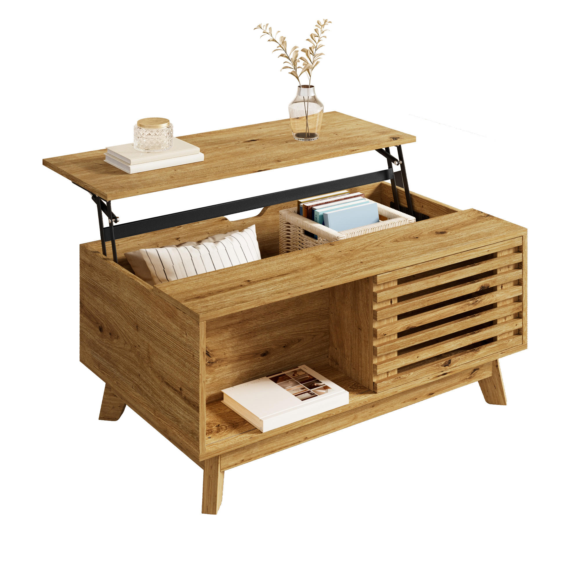 COUCHTISCH höhenverstellbar mit Jalousietür und MDF-Korpus - Naturfarben, Holzwerkstoff (55/90/57.5cm) - FLIEKS