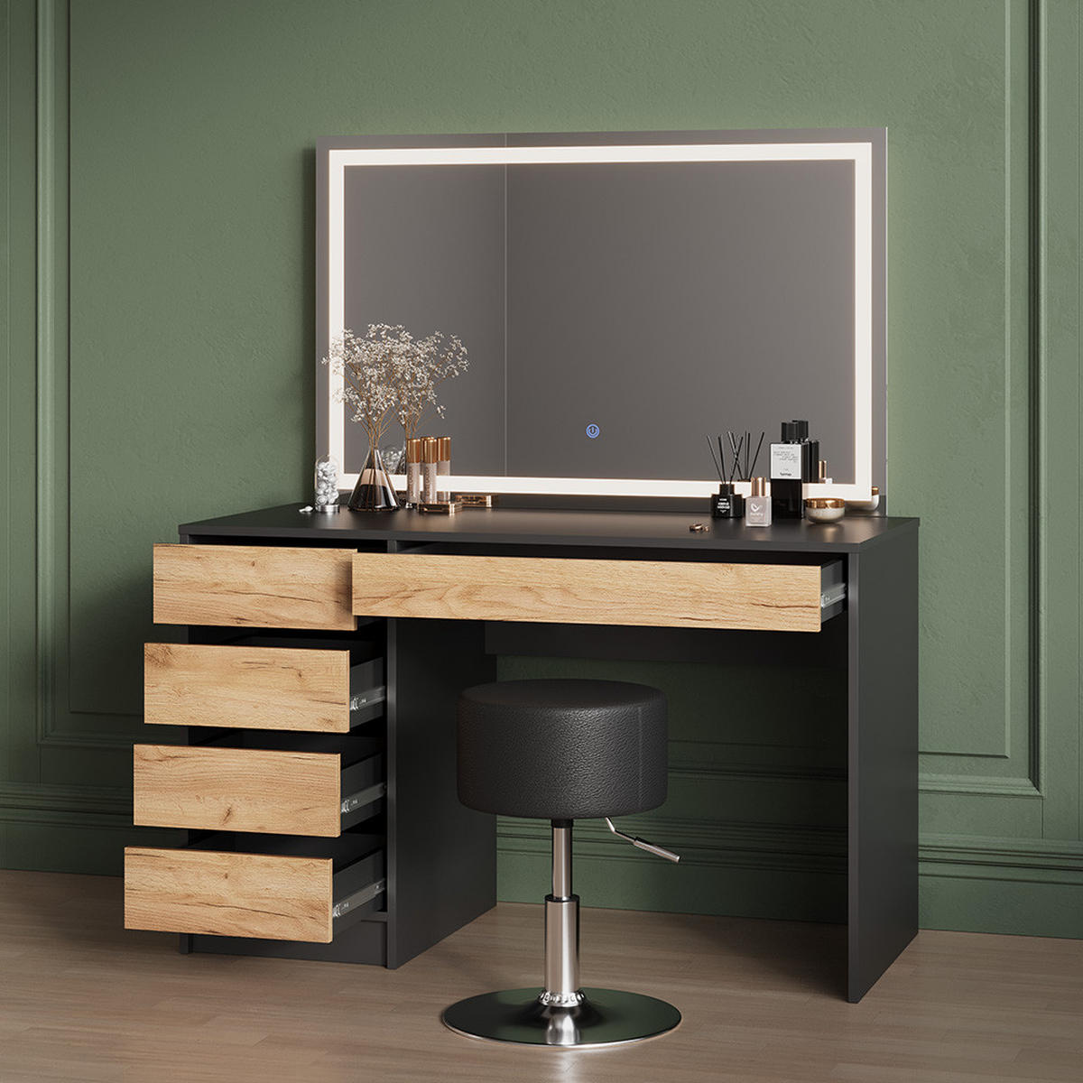 SCHMINKTISCH Imola Anthrazit/Goldkraft Eiche mit LED-Spiegel und Hocker - Anthrazit/Eiche Wotan, Holzwerkstoff (120/75/55cm) - Livinity®