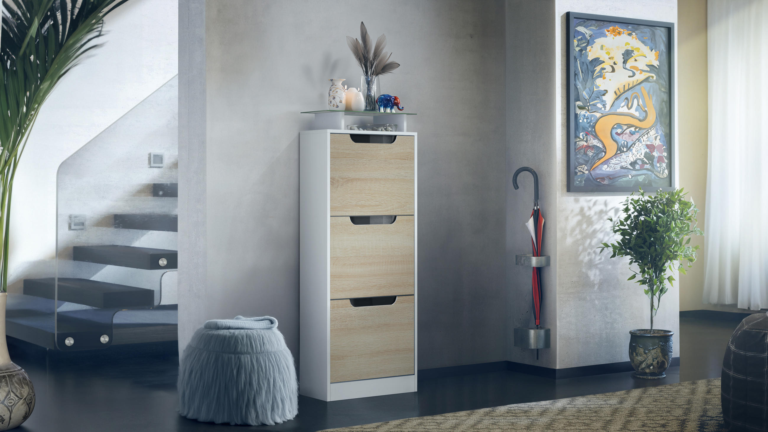 SCHUHSCHRANK Space Eiche sägerau - Eiche San Remo, Holzwerkstoff (46/128/23cm) - Vladon
