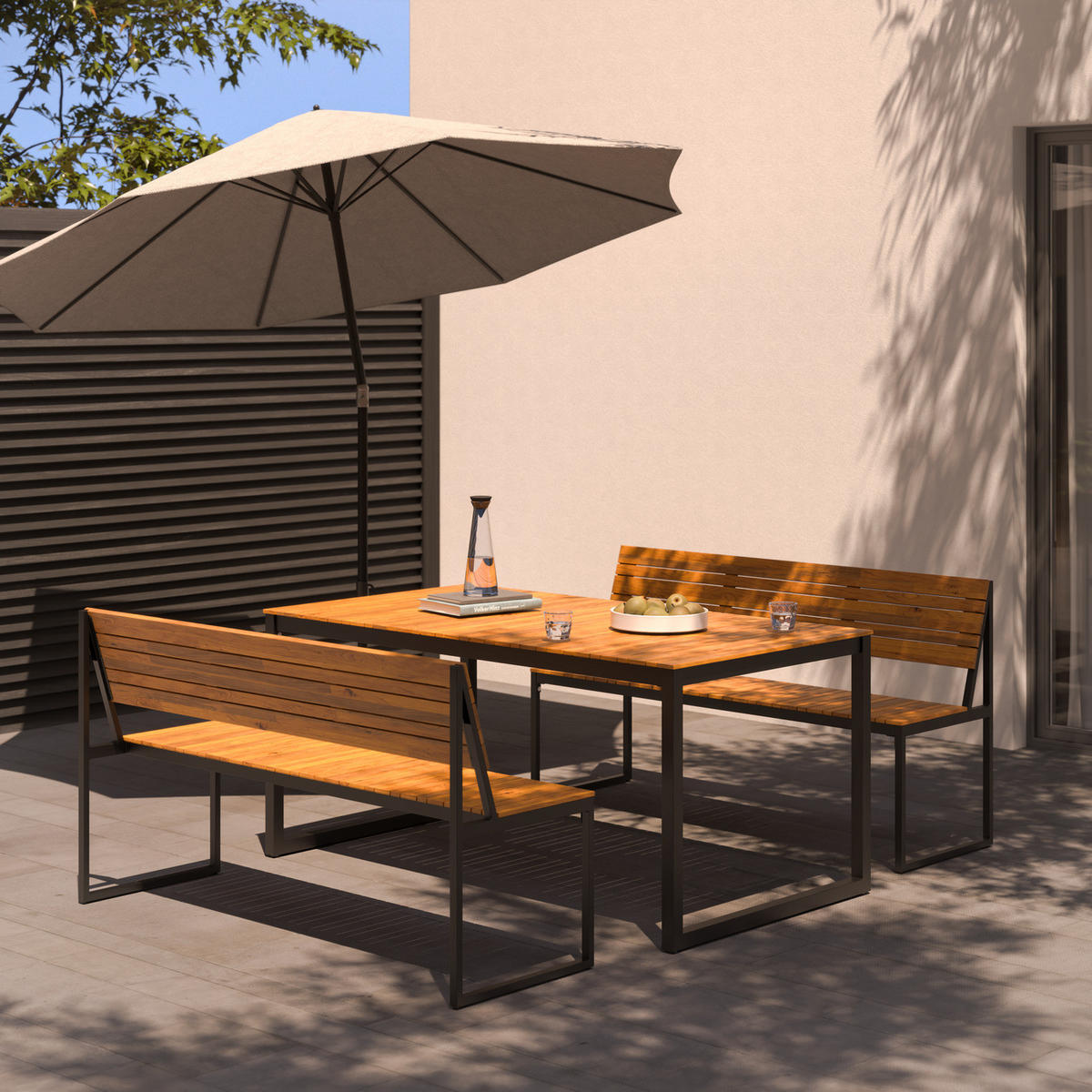 GARTENESSGRUPPE - 3-teilig - Akazie massiv / Stahl - Braun / Schwarz - Schwarz/Akaziefarben, Holz/Metall - home24