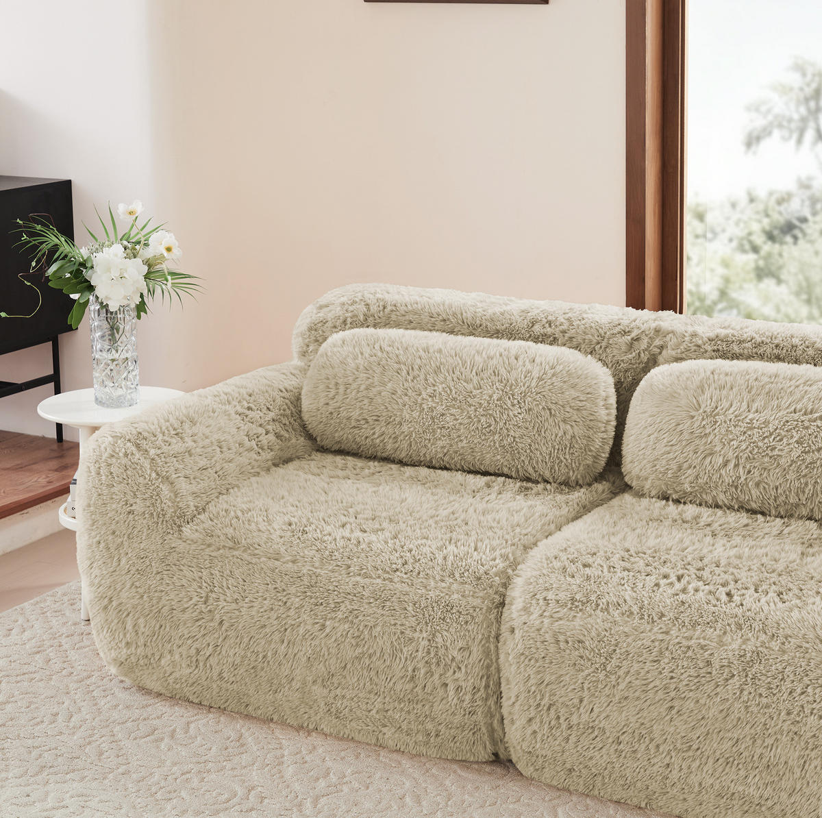 ECKSOFA 291/179/73 cm Hellkhaki aus Plüsch mit U-Form, rutschfester Basis und Kissen - Beige, Textil (179/291cm) - OKWISH