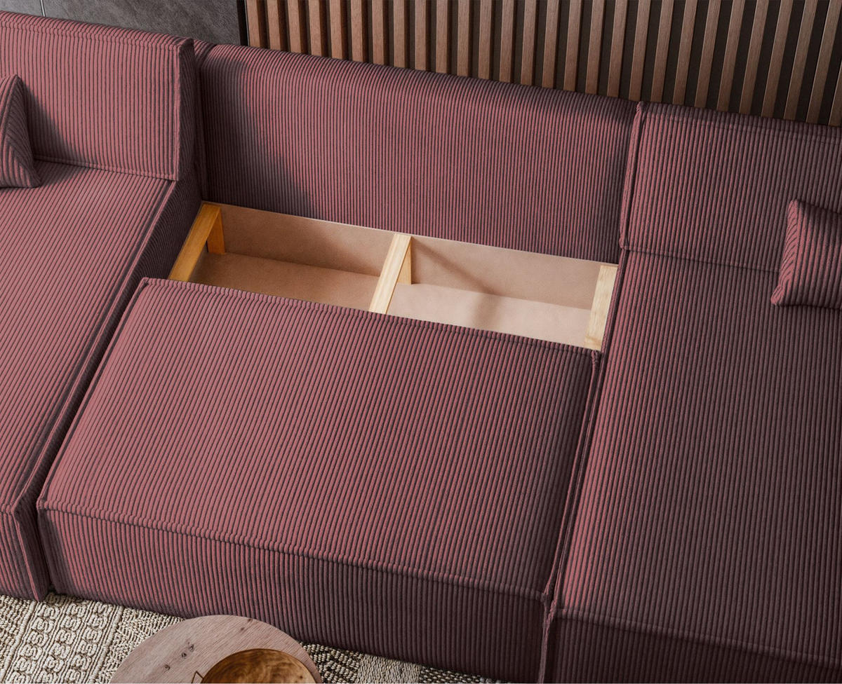 WOHNLANDSCHAFT Scarlo Dunkelrosa Cordbezug - Dunkelrosa/Schwarz, Kunststoff/Textil (244/83/145cm) - Selsey