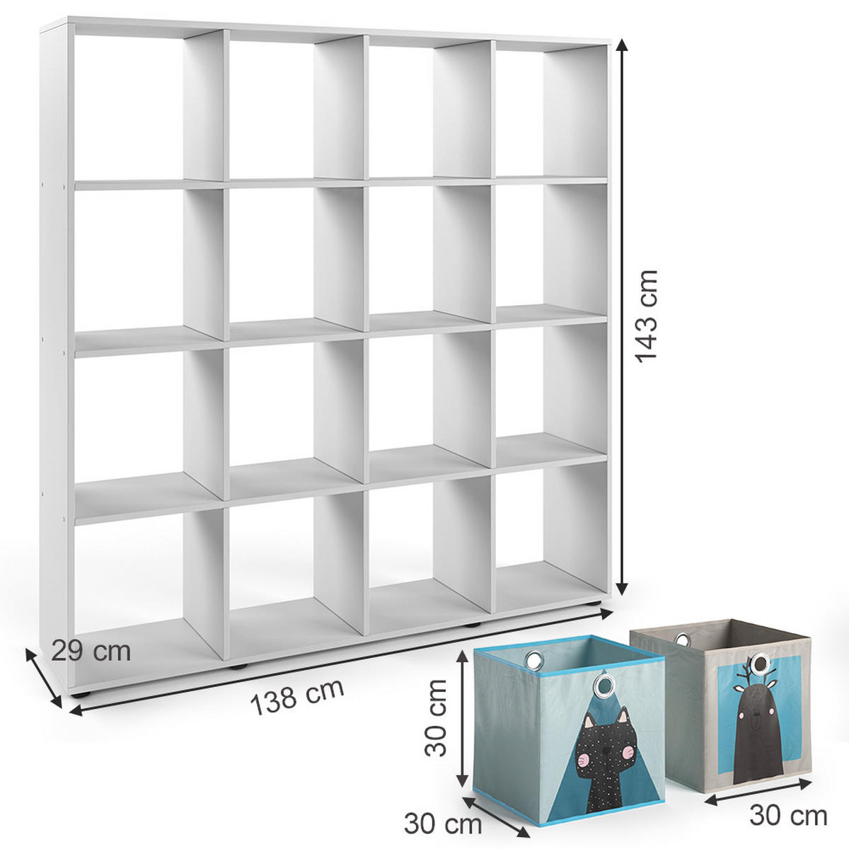 KINDERREGAL Karree Weiß 138.5 x 142.5 cm mit 8 Faltboxen - Weiß, Holzwerkstoff (138.5/142.5/29cm) - Vicco