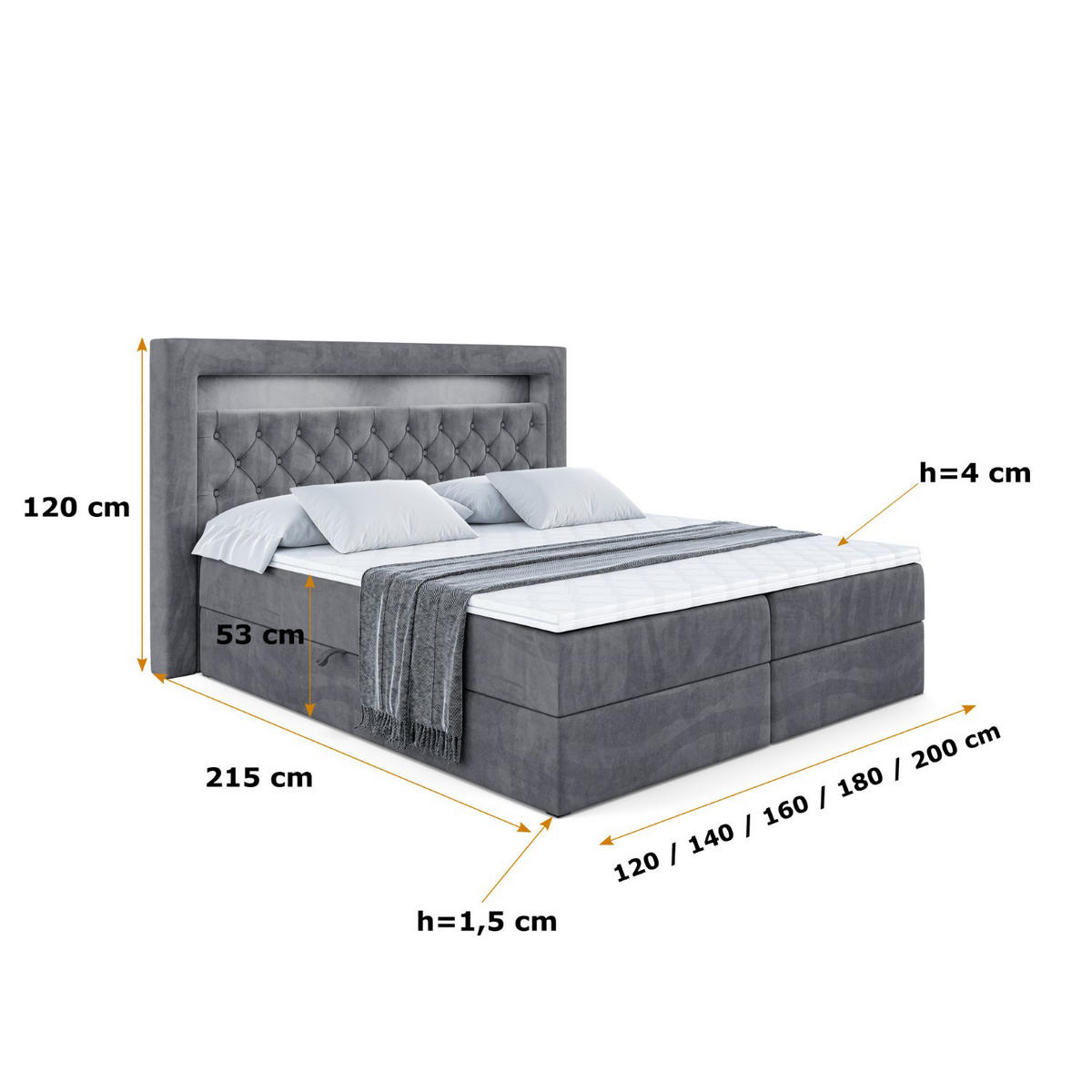 BOXBETT LED mit H3-Matratze und Lattenrost - NOEL GOLD - 180x200 Dunkelgrau - Dunkelgrau, Holzwerkstoff (180/200cm) - ALTDECOR