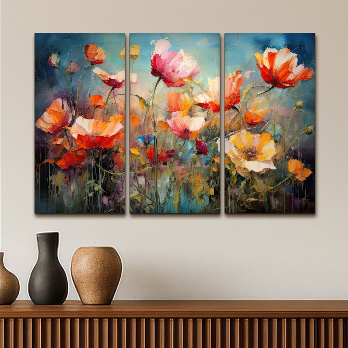 LEINWANDBILD 3er Set Blumen - Bunt - Abstrakt 90x60 cm - Blaugrau, Textil (90/60cm) - MuchoWow