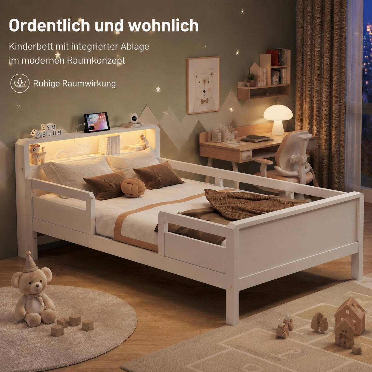 KINDERBETT 90/200 cm aus Kiefernholz mit Kopfteilablage und USB-C-Ladeanschluss Weiß - Weiß, Holz (90/200cm) - Modenvie
