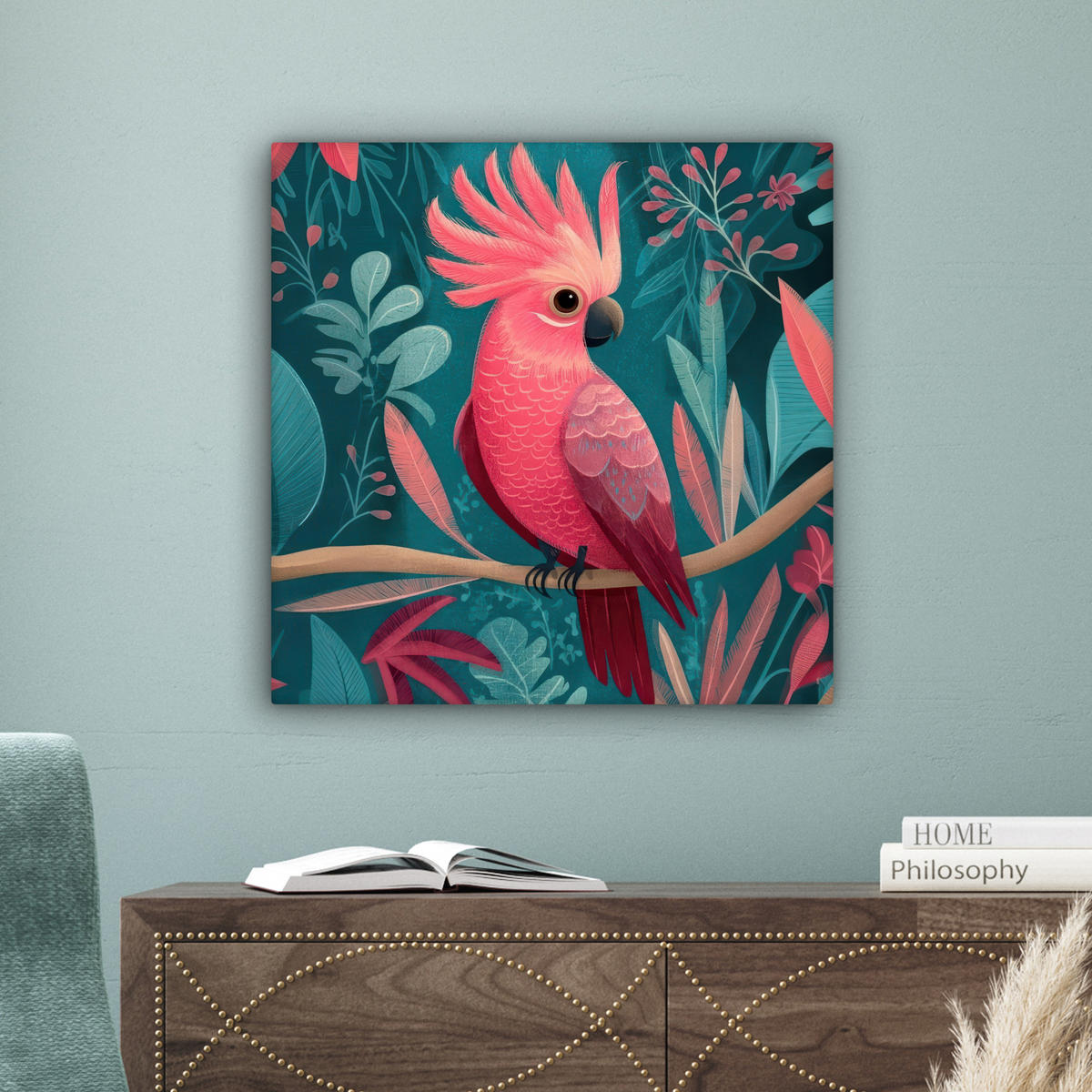 LEINWANDBILD Kakadu - Tropische Blätter - Zweig Wandbild Wohnzimmer 50x50 cm - Petrol, Textil (50/50cm) - MuchoWow