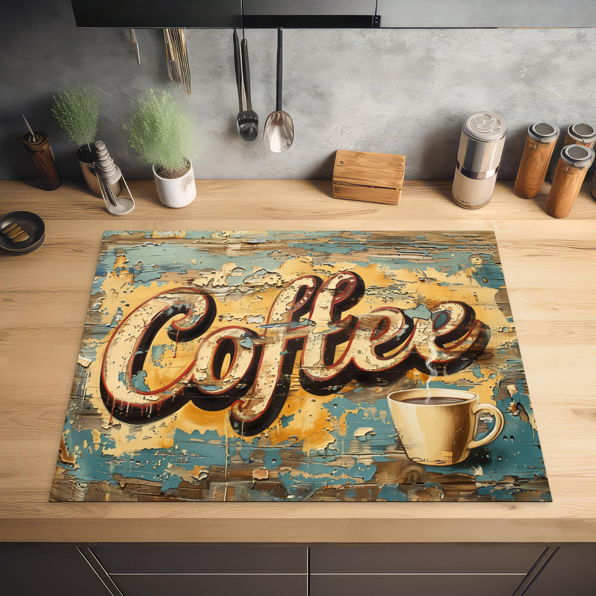 HERDABDECKPLATTE Kaffee - Vintage - Braun - Tasse 77x59 cm - Teakfarben, Kunststoff (77/0.2/59cm) - MuchoWow