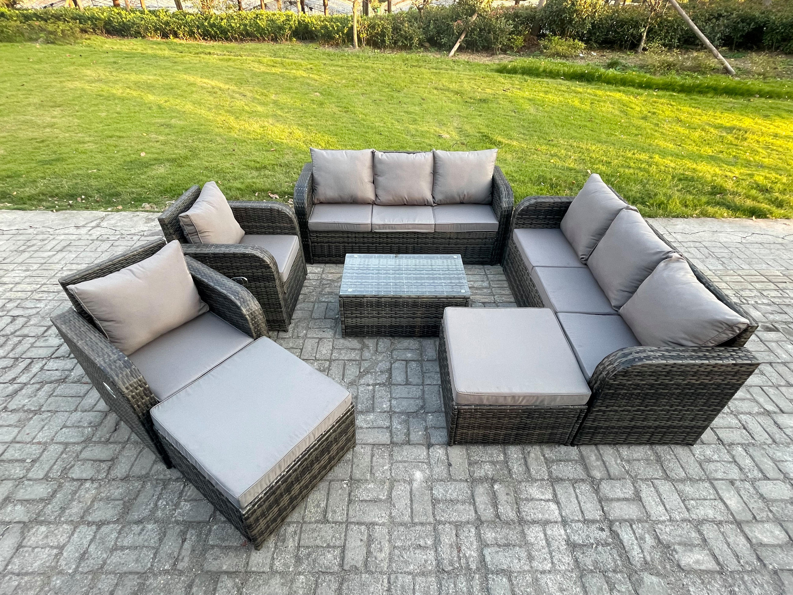 GARTENMÖBELGARNITUR mit KISSEN Polyrattan Dunkelgrau 10-Sitzer - Dunkelgrau/Grau, Glas/Kunststoff - Fimous